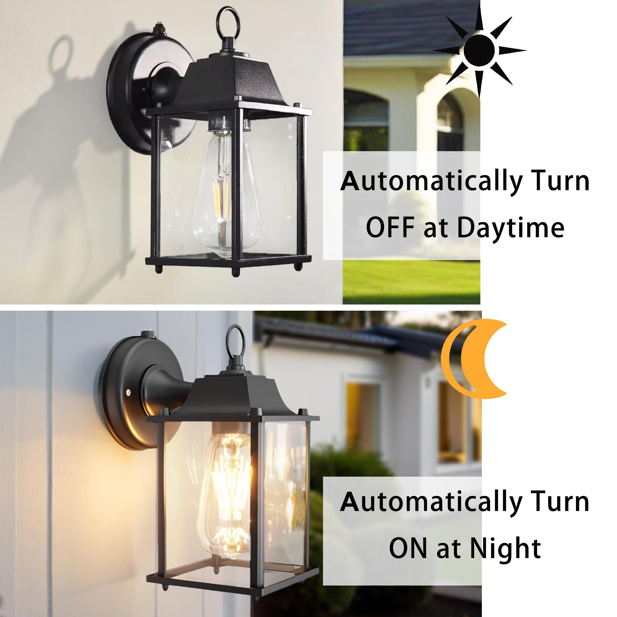 Dusk to Dawn Outdoor Light Fixture 2 Pack - Black Waterproof Wall Mount Garage Lights for House Exterior, Aluminum Alloy Construction | Perfect for Driveway, Porch, Garden & Backyard Security Lighting