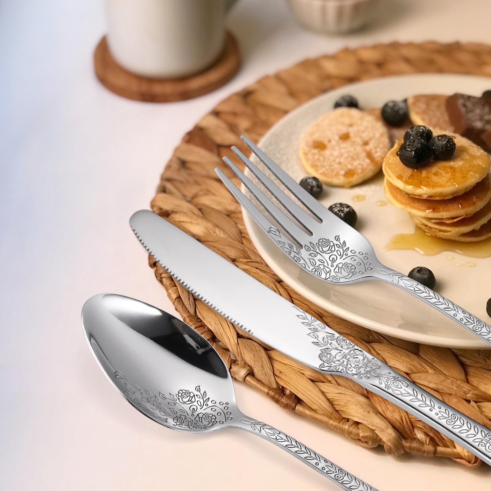 Floral Silverware Set - 6 Stainless Steel Flatware with Engraved Rose Design, 30-Piece Cutlery Set for Restaurant & Home Kitchen | Elegant Dining Utensils for Weddings, Parties & Daily Use