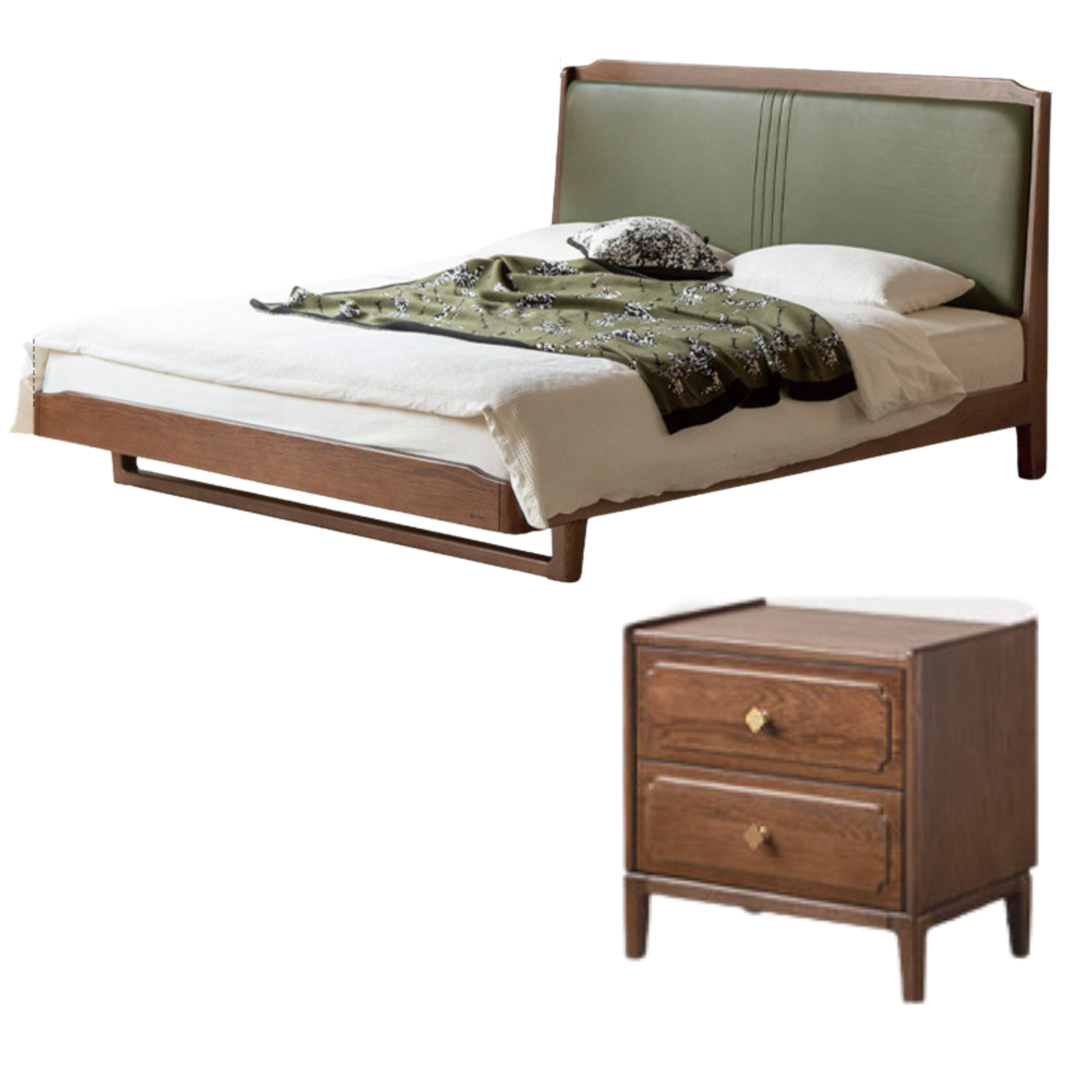 Walnut color Dark Green Leather Soft Bed + Bedside Table
