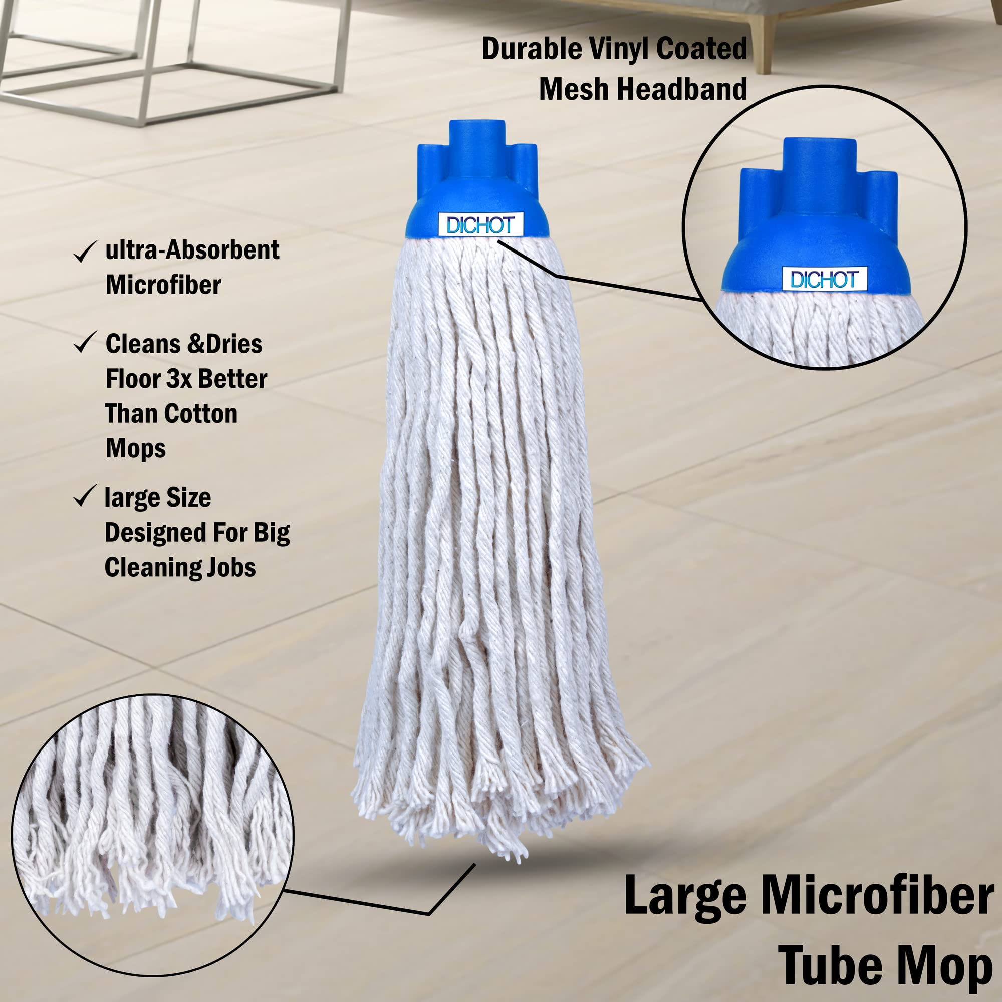 DICHOT Round Mop Cotton Refill - 2 Pack Replaceable Mop Heads (Blue, 250g Each) for Floor Cleaning - Perfect for Hardwood, Tile & Laminate Floors