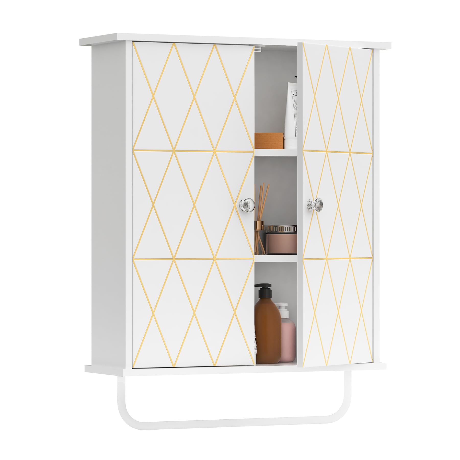 White Bathroom Wall Cabinet with Gold Decoration - Adjustable Shelves Medicine Storage Cabinet for Above Toilet Space Saving - Perfect for Bathroom Organization and Living Room Storage