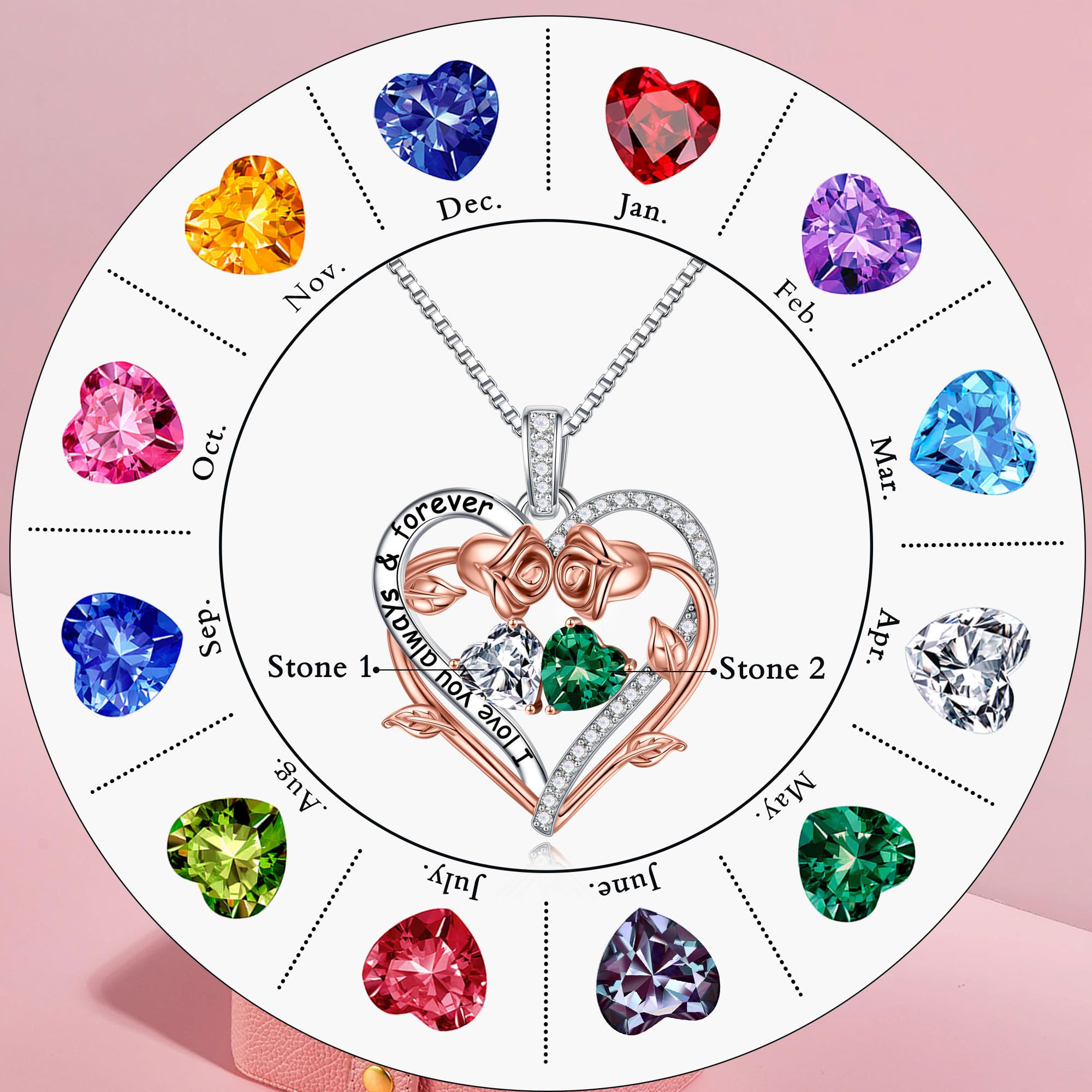 Rose Heart Double Birthstone Necklace for Women - Personalized Jewelry Gift for Wife, Girlfriend, Mom, Grandma | Birthday, Anniversary, Valentine's Day Present | Elegant Gemstone Pendant for Everyday Wear & Special Occasions