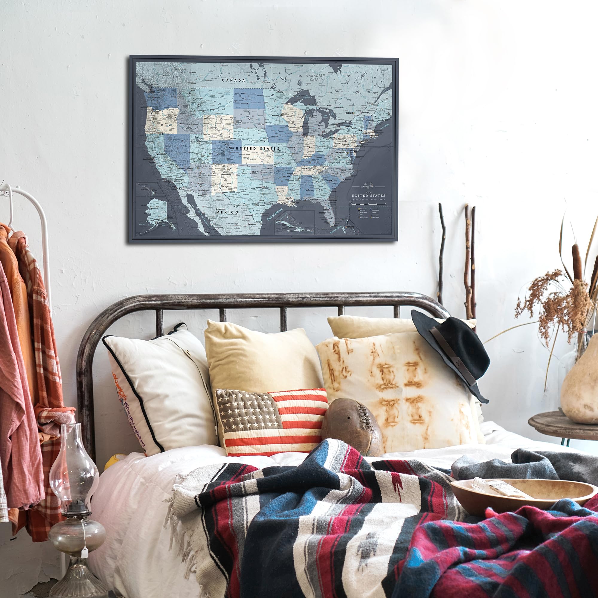 Detailed US Travel Map with Push Pins on Canvas - 35 x 24 Wall Art for Adventure Tracking | Perfect for Home Decor, Office, and Travel Planning