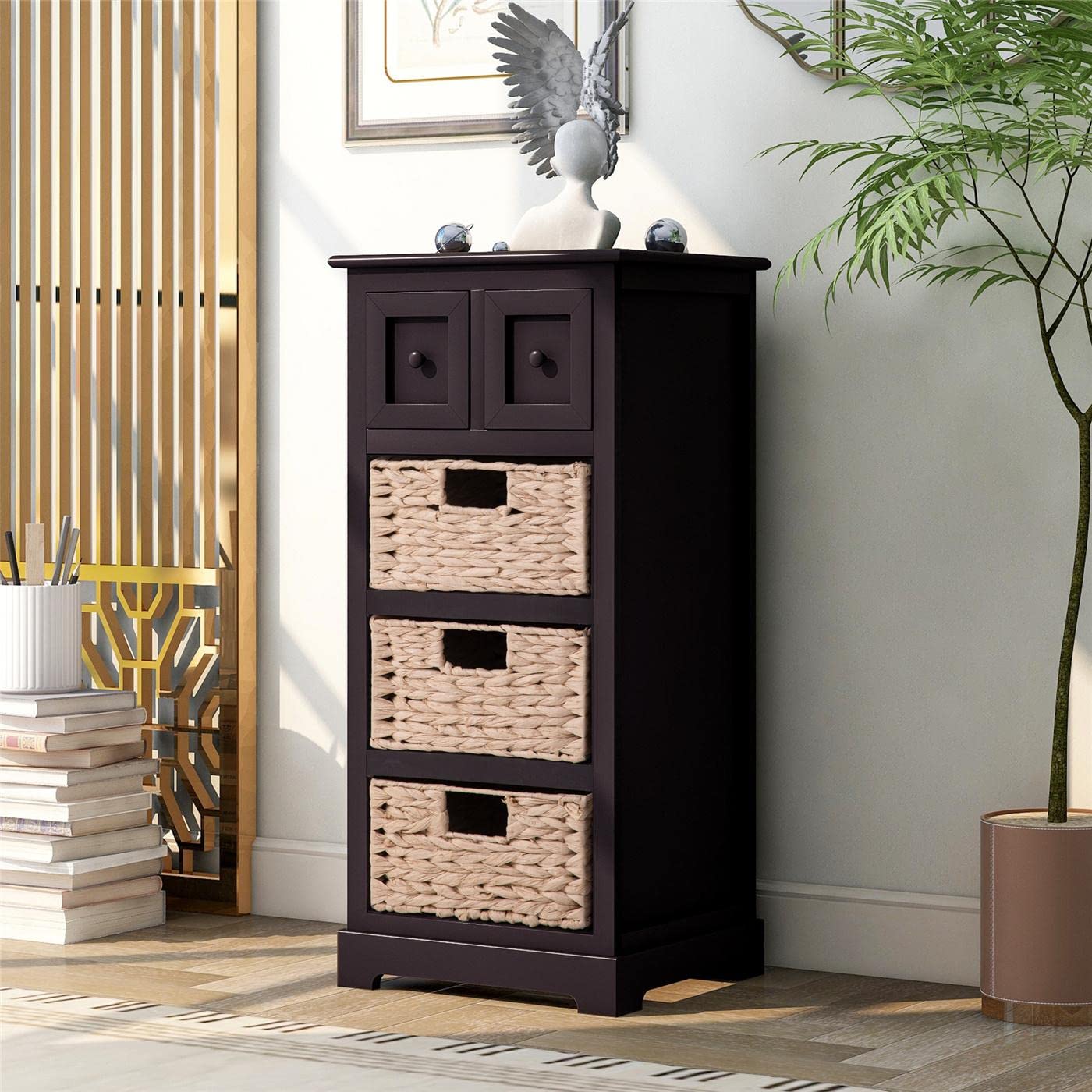 Vintage End Table with Storage Cabinet & 3 Baskets - Espresso Wooden Side Table for Living Room, Bedroom, or Office - Perfect for Organizing Magazines, Blankets, and Home Decor