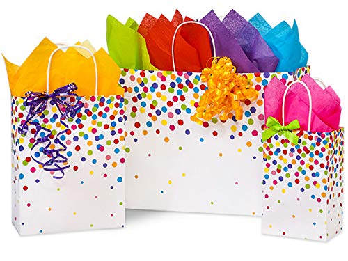 125 Pack Rainbow Confetti Dot Paper Gift Bags - Bulk Party Favor Bags for Birthday, Wedding, Baby Shower & Holiday Celebrations