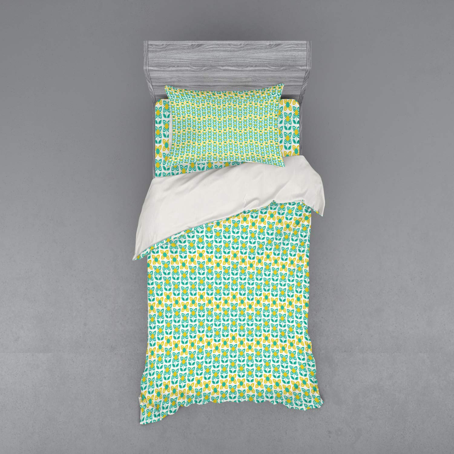 Ambesonne Floral Duvet Cover Set - 3 Piece Twin Size Bedding Set with Sham & Fitted Sheet, Seafoam & Yellow, Continuous Summer Flowers & Botany Design | Perfect for Bedroom Decor, Guest Room, Summer Themed Home Styling