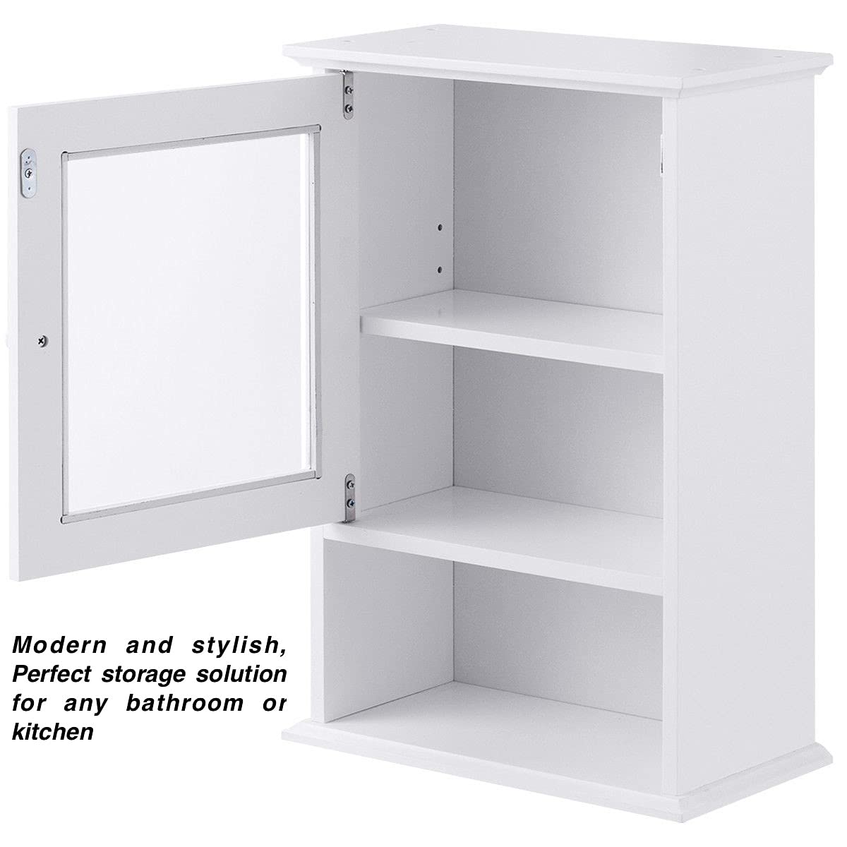 White Mirrored Wall Mounted Bathroom Storage Cabinet - Over The Toilet Medicine Organizer with Open Shelves for Toiletries, Bath & Kitchen Use - Perfect Above Sink Storage Solution for Small Spaces