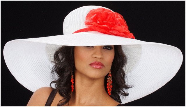 Kentucky Derby Style Wide Brim Hat with Red Flower & Trim - Elegant Women's Sun Hat for Horse Races, Weddings & Outdoor Events