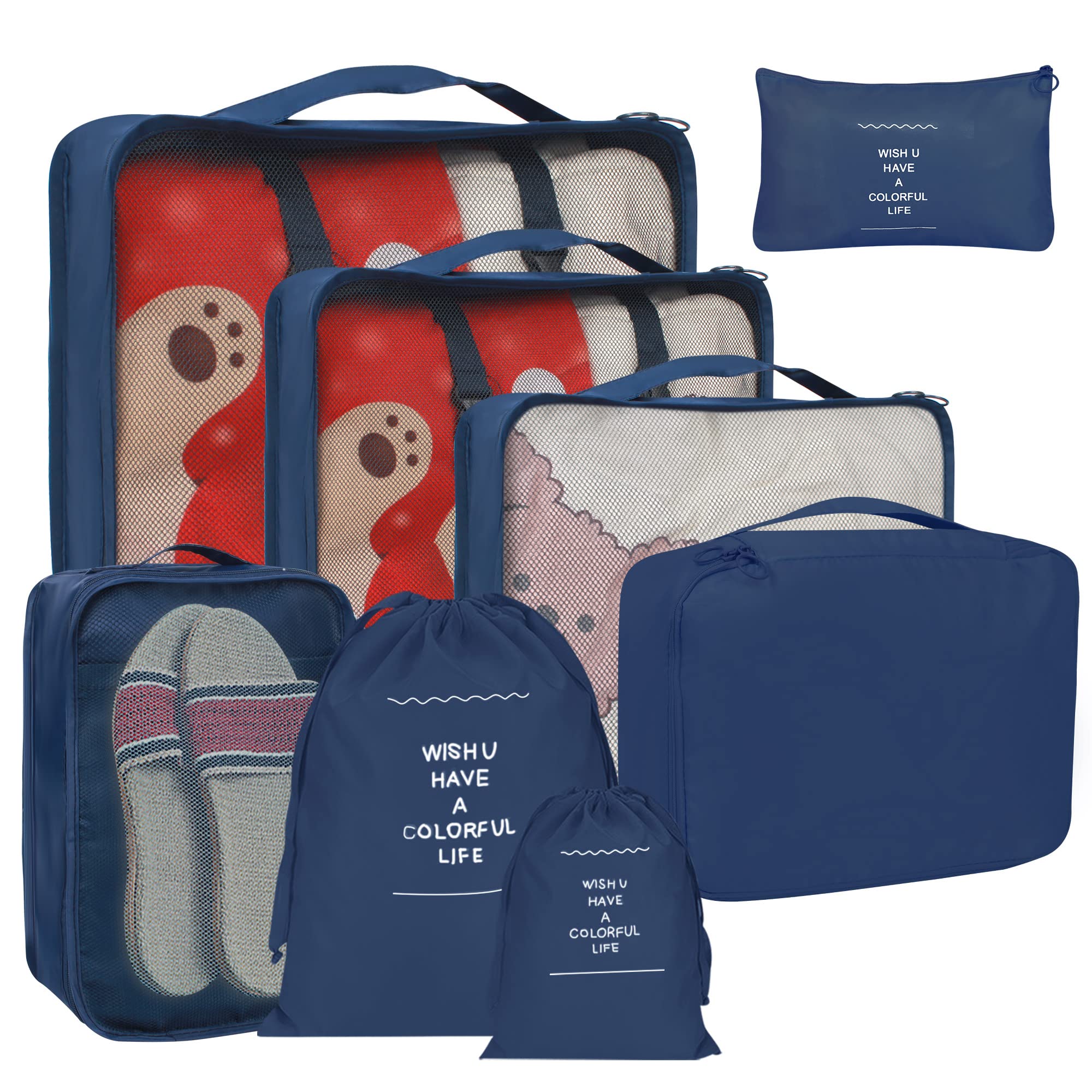 8-Piece Packing Cubes Set for Suitcases - Navy Blue Travel Luggage Organizer with Laundry Bag, Compression Storage & Shoe Bag - Perfect for Men & Women Travel Organization (Ideal for Business Trips, Vacations & Weekend Getaways)