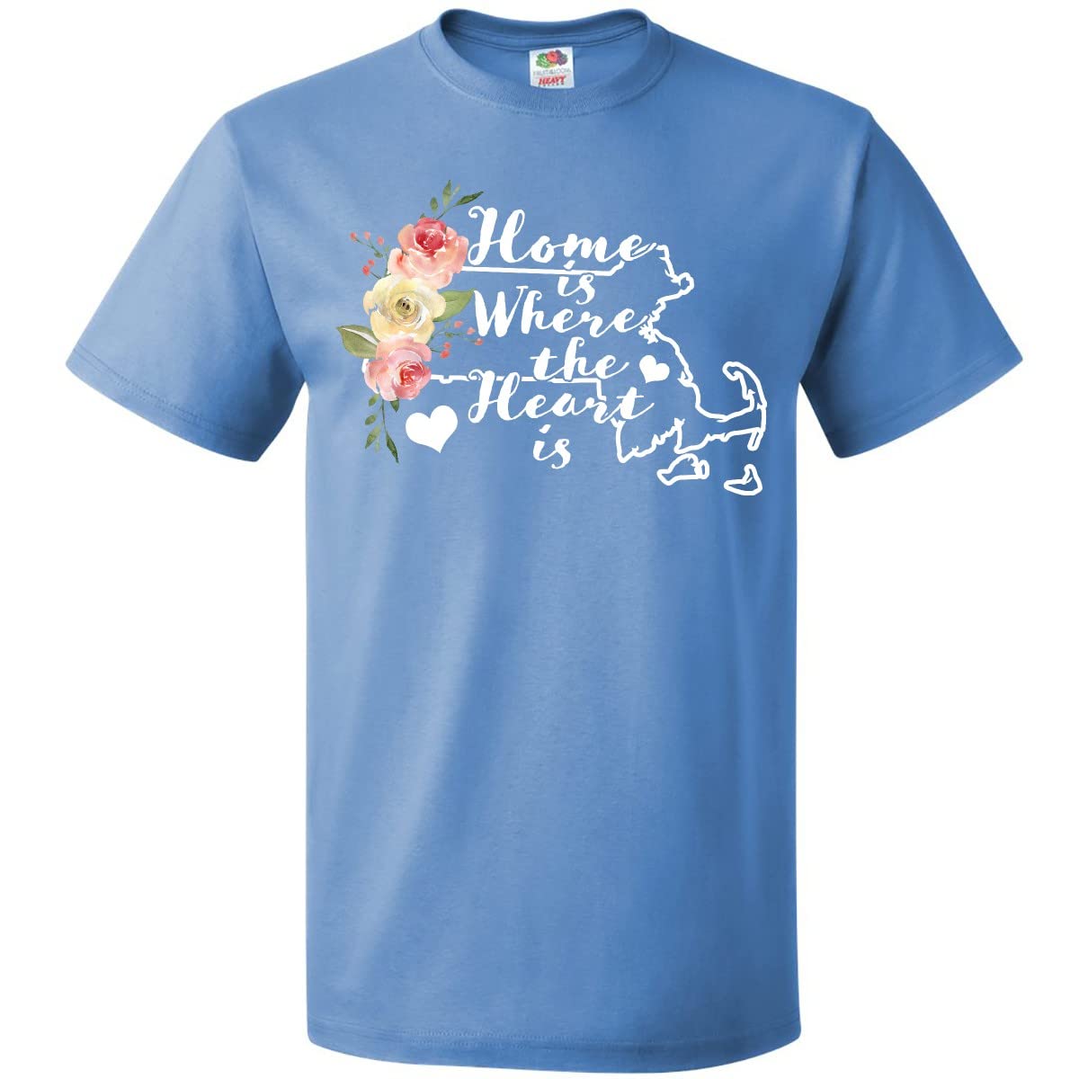 Inktastic Massachusetts Home is Where The Heart is Watercolor Graphic T-Shirt - Comfortable Casual Wear for Travel, Family Reunions & State Pride