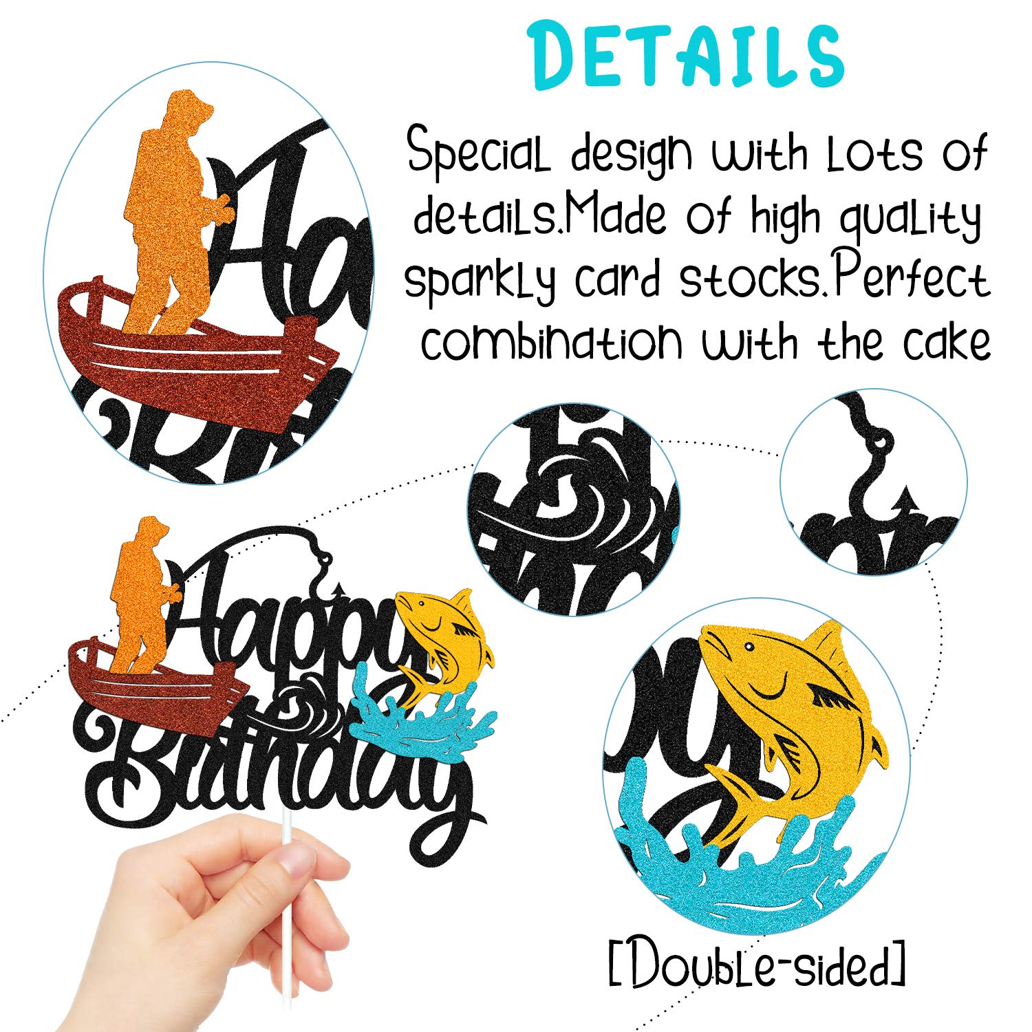 Double Sided Fish Cake Topper - Fishing Pole, Bait & Boat Themed Birthday Decoration for Kids | Perfect for Fishermen, Angler & Fishing Party Supplies | Ideal for Boys, Girls & Children's Birthday Cakes