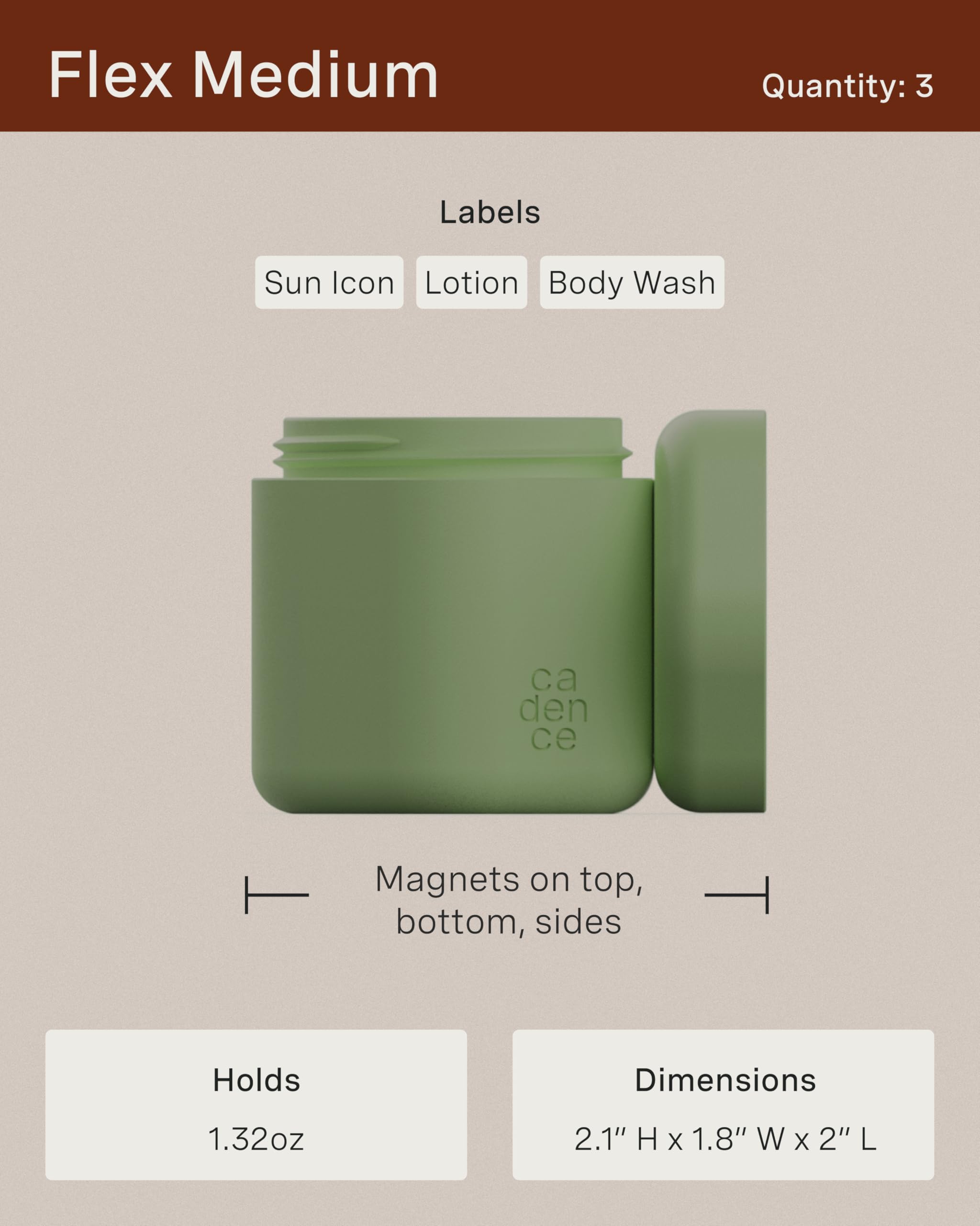 Cadence Travel Containers - Magnetic Body Care Capsule Set for Body Wash, Lotion & Sunscreen (3 Pack, 1.32oz) - Leakproof Travel Toiletries with Icon Labels - Perfect for Gym, Vacation & Airplane Carry-On