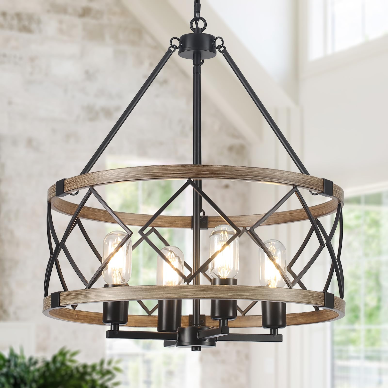 Farmhouse Chandelier 4-Light Rustic Wood Grain Pendant Light - Modern Industrial Dining Room Chandelier for Kitchen Island, Entryway, Foyer & Hallway | E26 Base Metal Fixture | Perfect for Country Homes, Restaurants & Cabin Decor