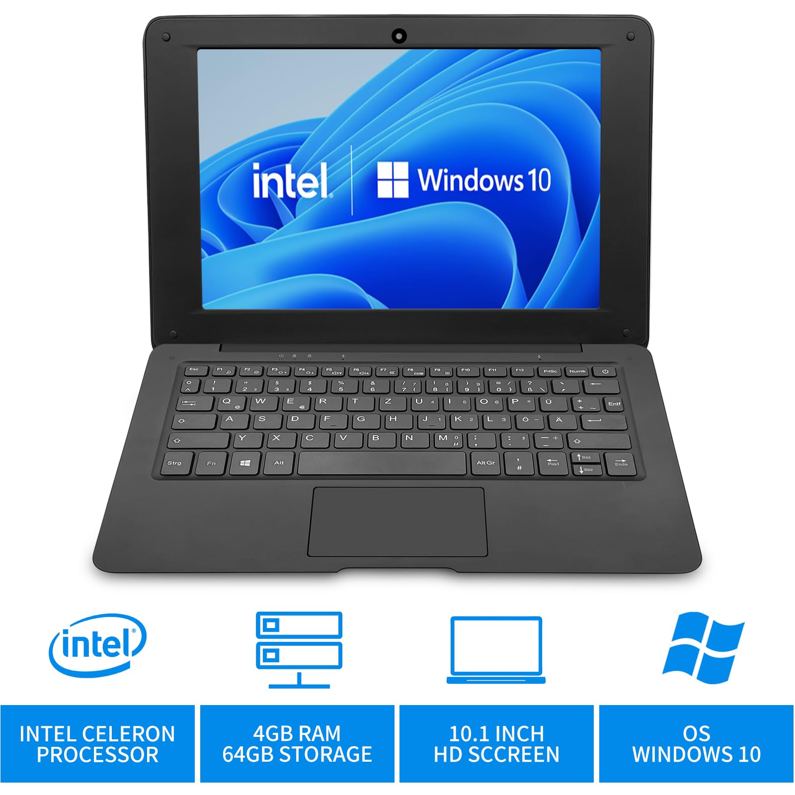 10.1 Inch Ultra Thin Windows 10 Laptop - Intel Quad Core, 4GB RAM, 64GB Storage, Expandable to 1TB, USB 3.0, WiFi, HDMI, Bluetooth | Portable Netbook for Work, Study & Travel (Black)
