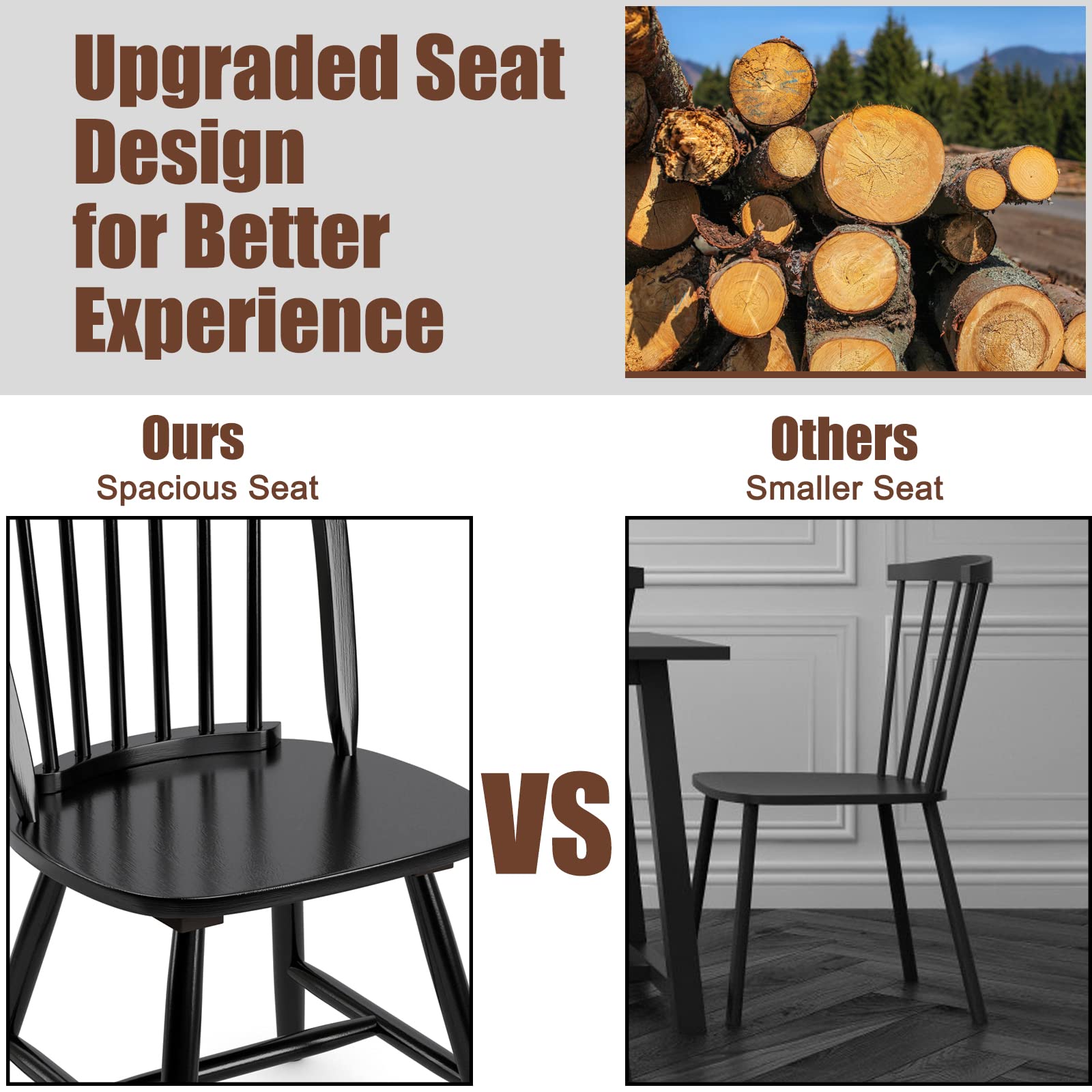 KOTEK Set of 2 Windsor Dining Chairs - Solid Wood Spindle Back Chairs with Wide Seat, Farmhouse Style Armless Side Chairs for Kitchen, Dining Room & Living Room - Perfect for Family Gatherings & Home Decor (Black)
