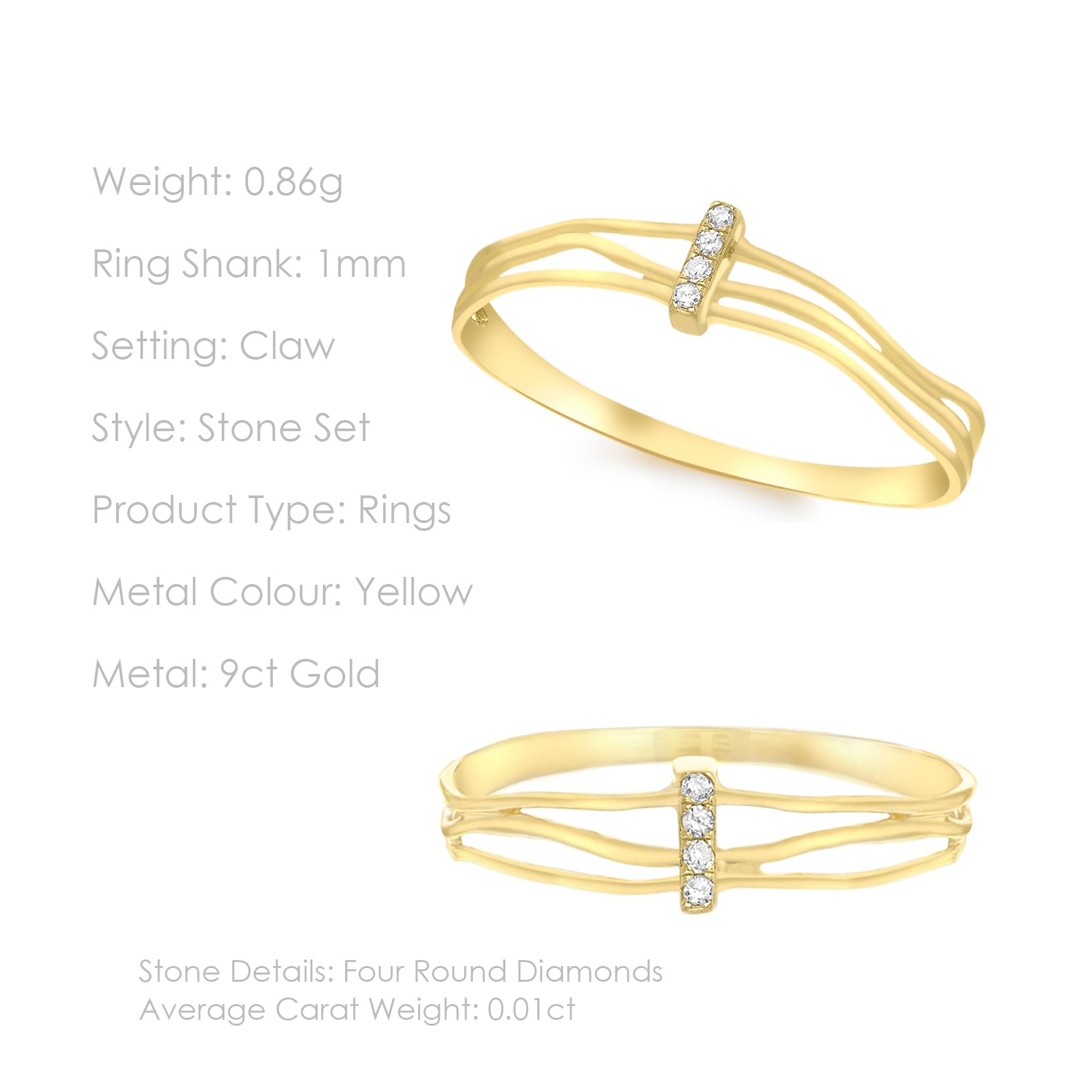 Carissima 9ct Yellow Gold Diamond Triple Wave Ring for Women - Elegant Stackable Jewelry for Weddings, Anniversaries & Special Occasions