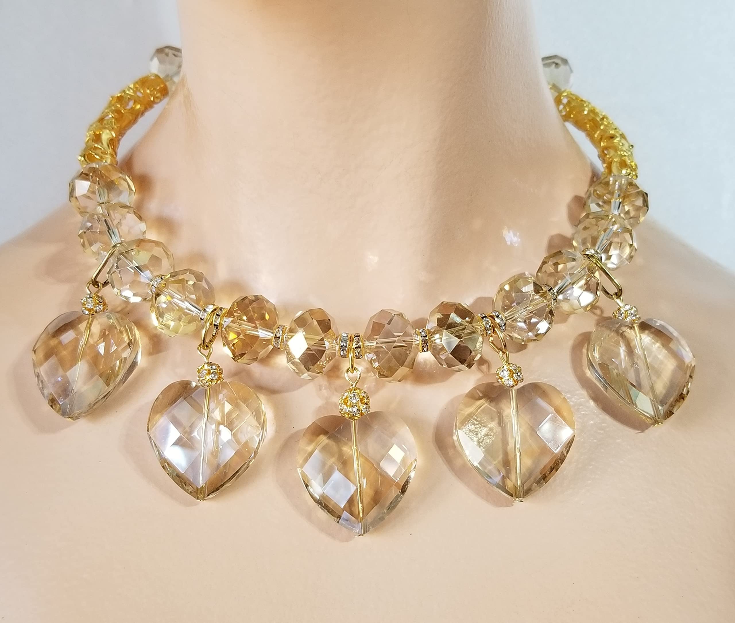 Exquisite Rare Sparkly Champagne Austrian Crystal Jewelry Set - Necklace, Earrings & Bracelet with 5 Hearts Design | Perfect for Weddings, Anniversaries & Special Occasions