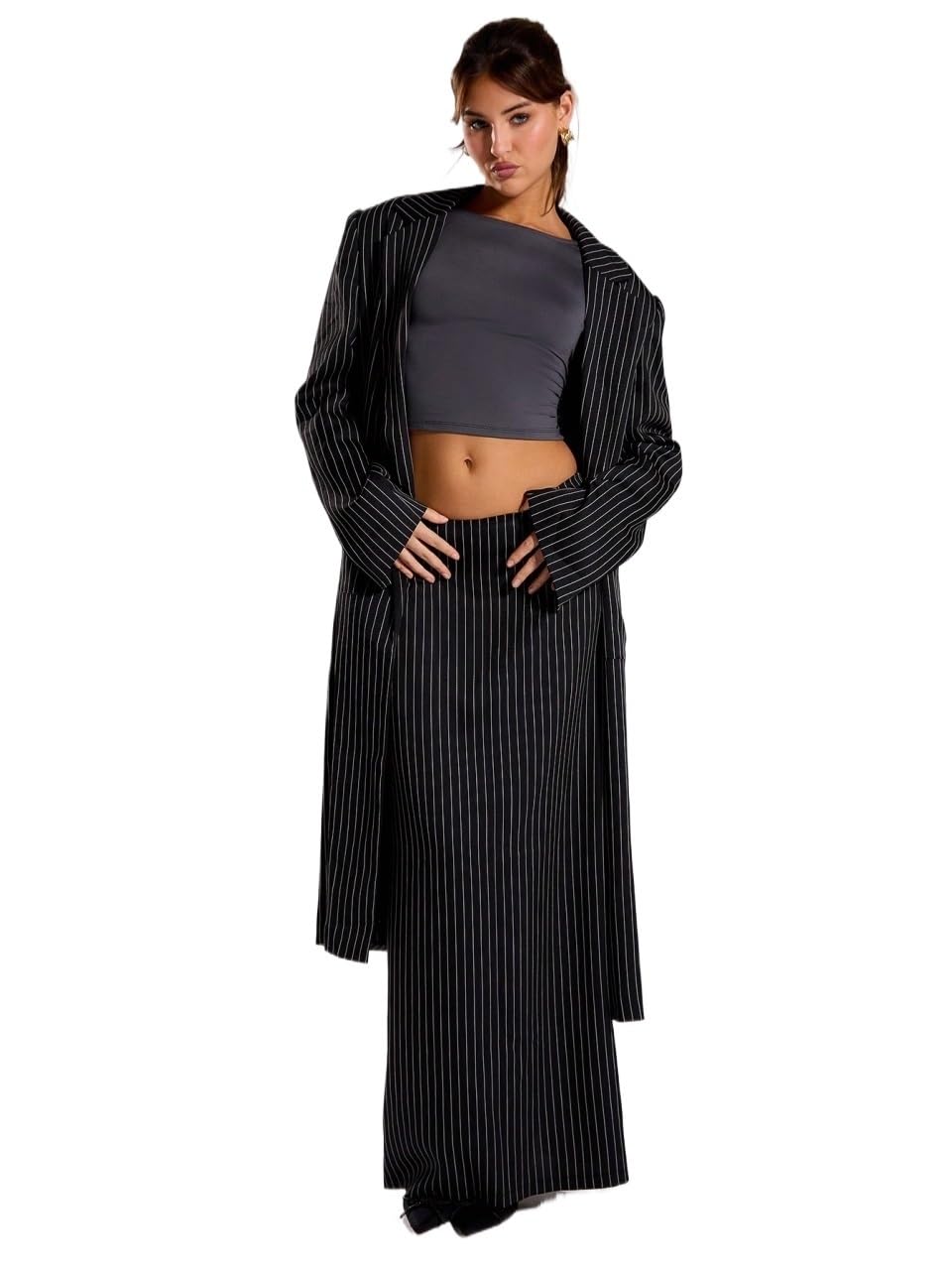 Women's Pinstripe Tailored Maxi Blazer - Dressy Casual Office Wear & Evening Outfits for Business Women