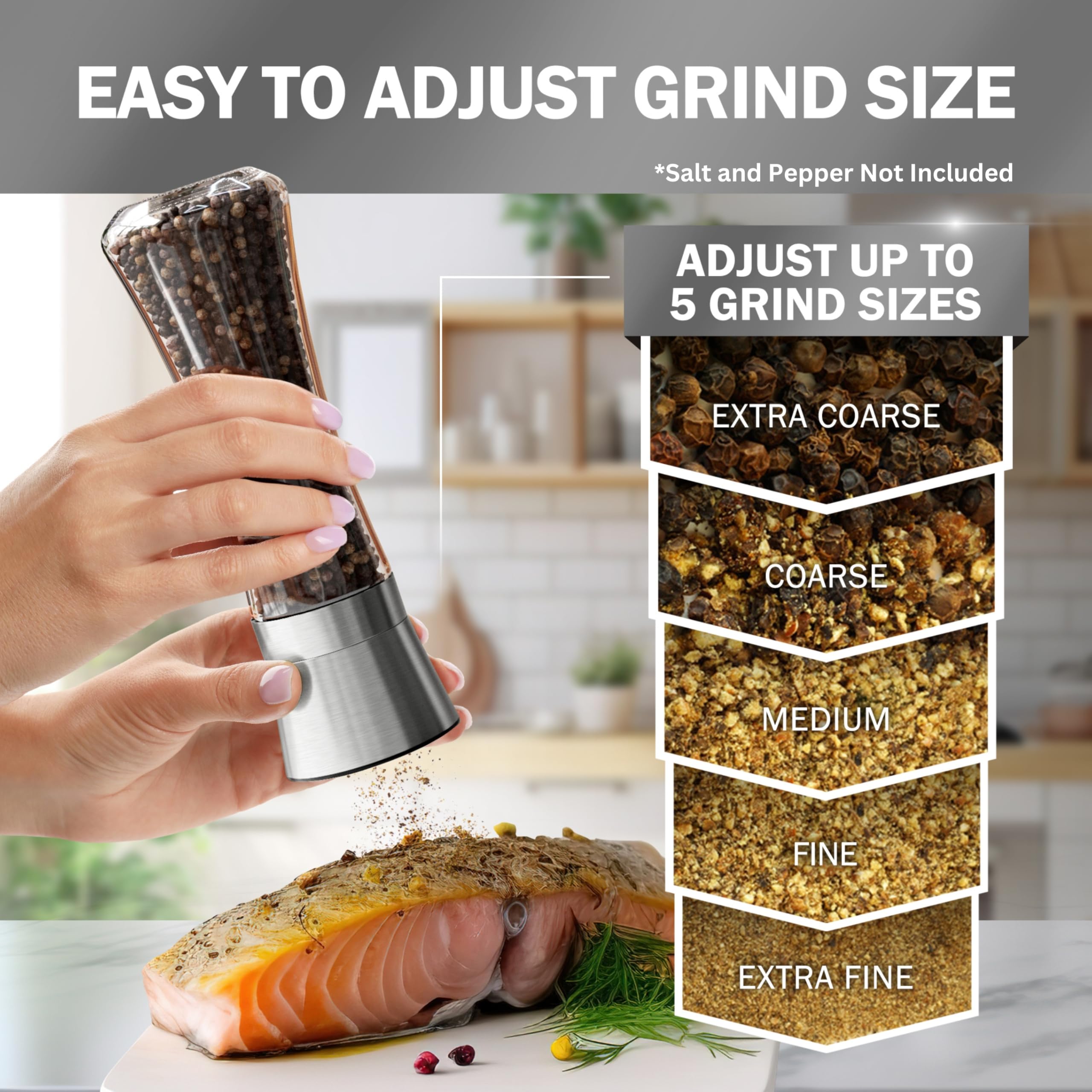 Premium Stainless Steel Salt and Pepper Grinder Set of 4 - Adjustable Ceramic Core, Tall Glass Spice Shakers - Modern Kitchen Essential with Free Funnel & EBook - Perfect for Cooking, Dining, and Gourmet Seasoning