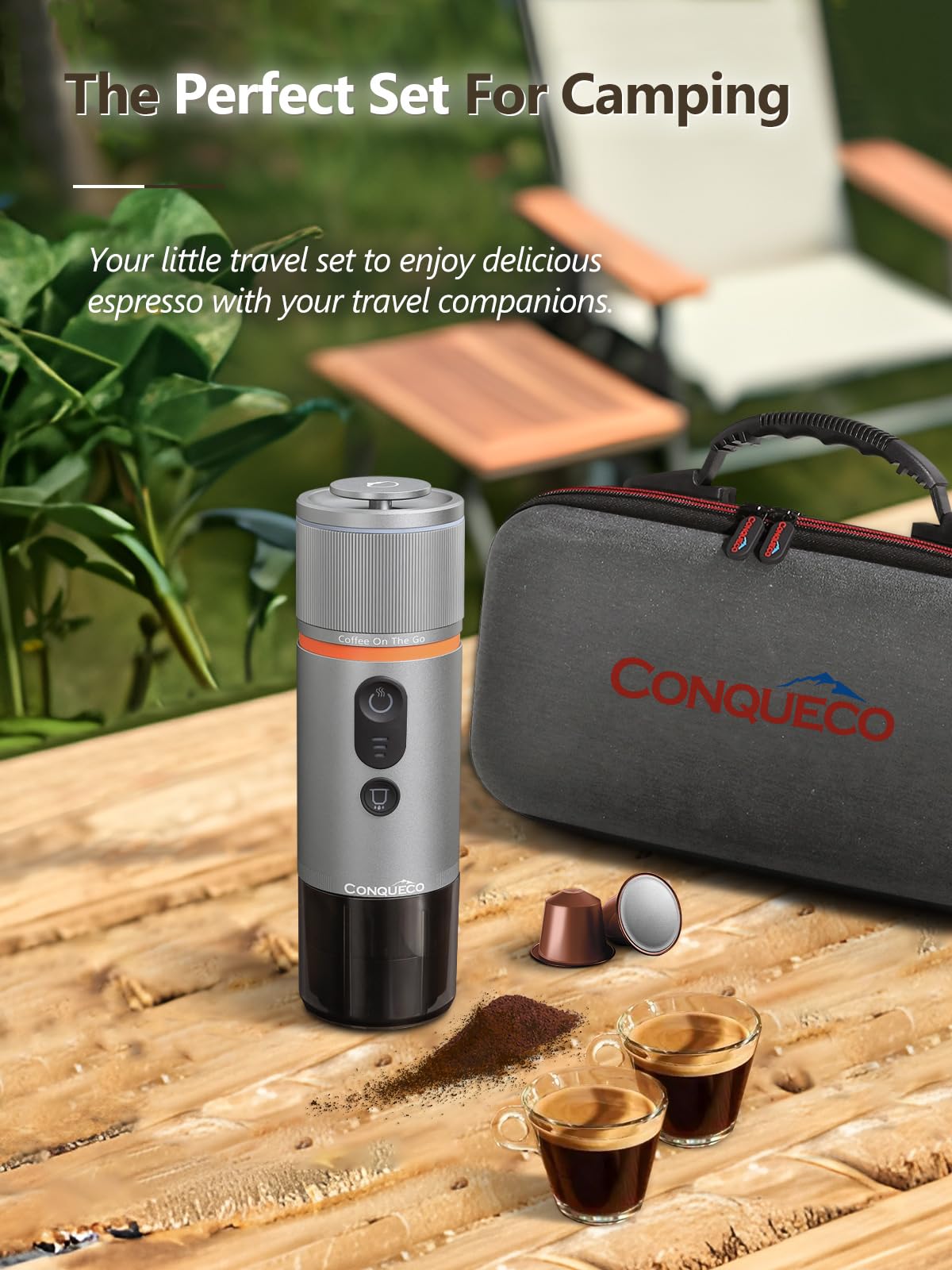 CONQUECO Portable Espresso Machine for Travel & Camping - 12V Car Coffee Maker with Rechargeable Battery - Fast 2.5 Min Heating - Compact Electric Espresso Maker with Ground Coffee & NS Capsule - Perfect for RV, Hiking, Office & Outdoor Adventures