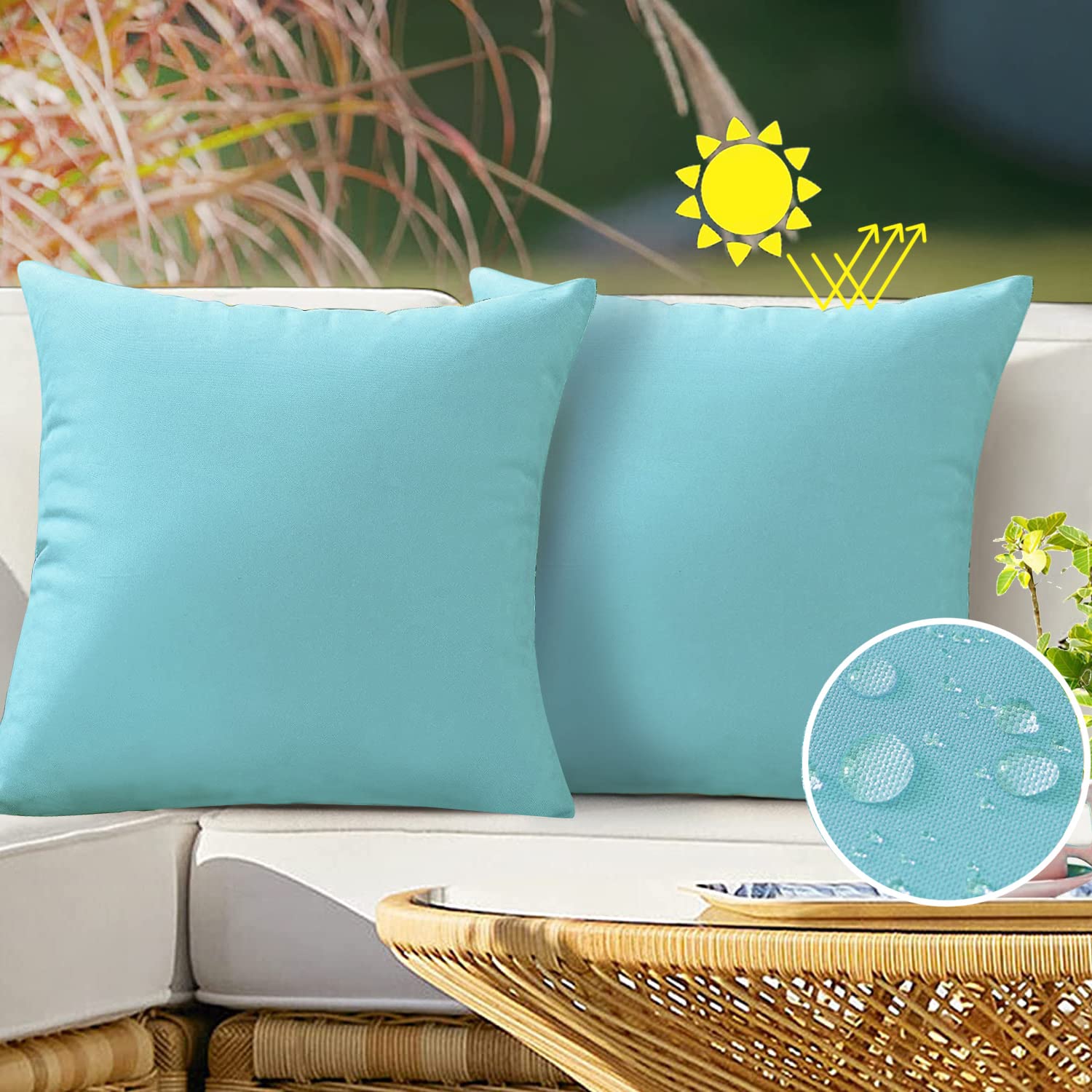 VAKADO Waterproof Outdoor Throw Pillow Covers 20x20 Inches, Set of 2 - Decorative Aqua Blue Patio Furniture Cushion Cases for Garden, Porch, Bench & Sofa - All-Weather Durable Outdoor Decor for Backyard, Poolside & Deck