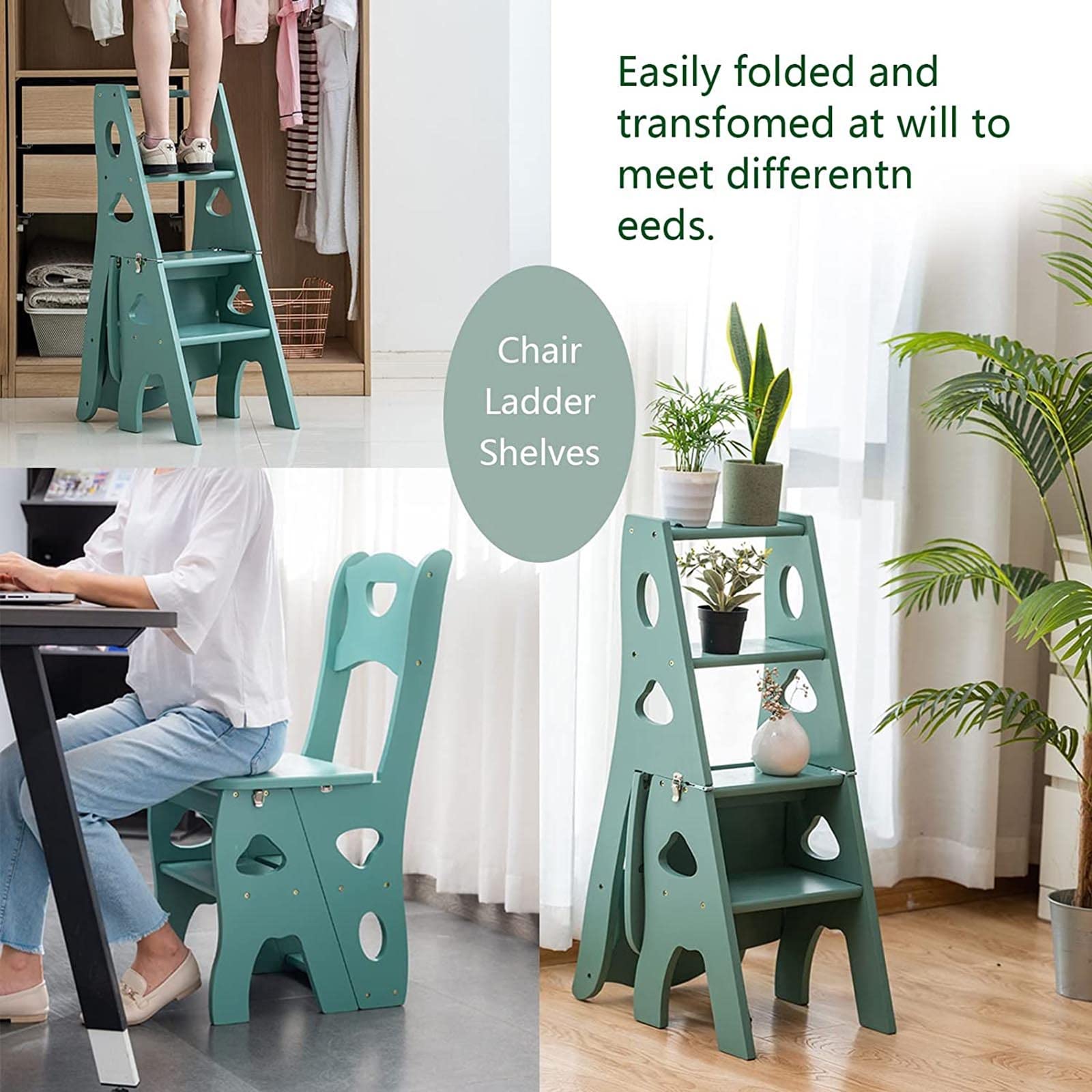 4-Step Wooden Ladder Stool - Foldable Multifunctional Step Stool Chair for Home, Library, and Closet Organization - Perfect for Reaching High Shelves, Storage, and Household Tasks