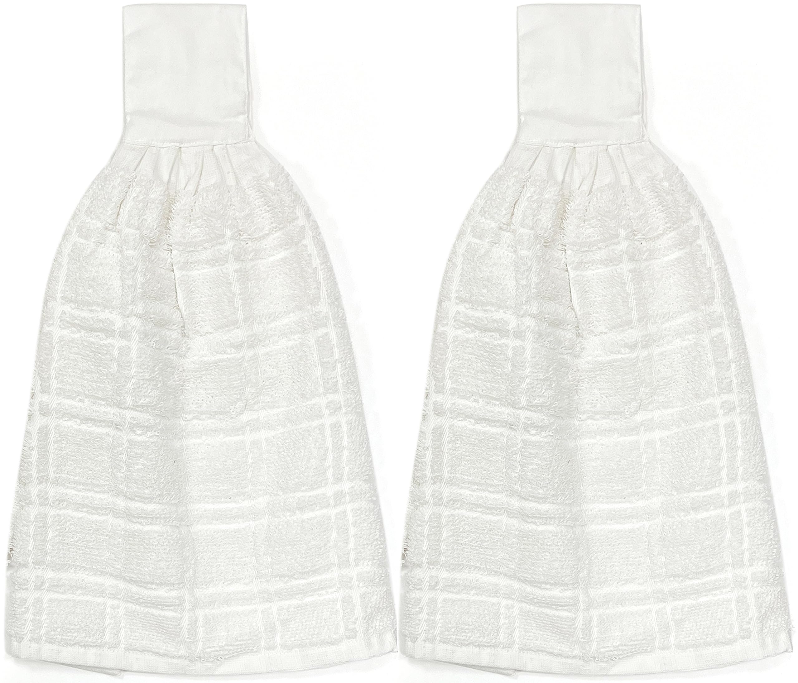 Kovot Set of 2 White Cotton Hanging Tie Towels with Hook & Loop Fasteners - Perfect for Kitchen, Bathroom, and Gym Use