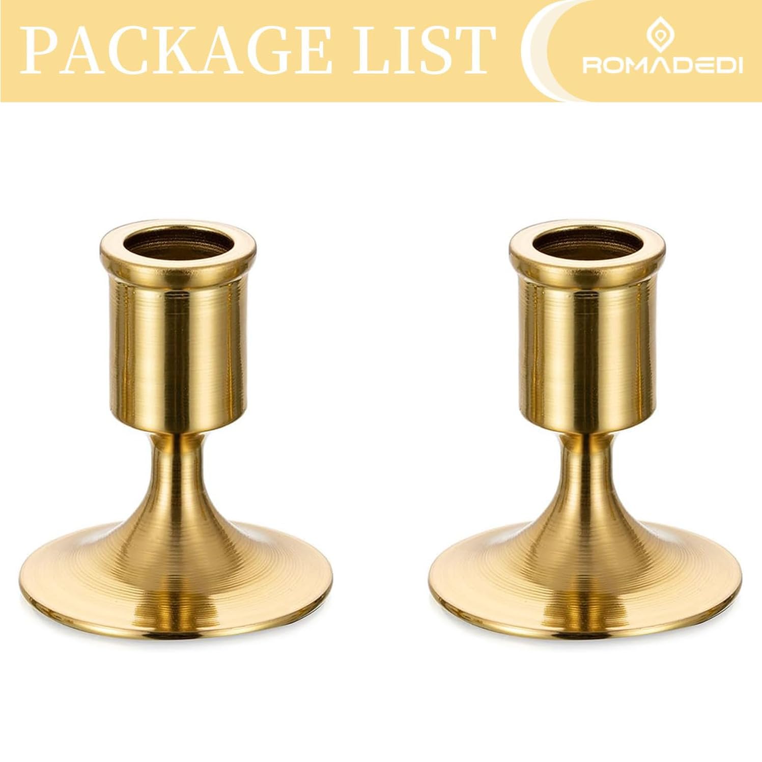 Romadedi 2-Pack Gold Brass Candlestick Holders for Taper Candles - Elegant Table Centerpiece for Weddings, Christmas Mantel Decor, Dining Room & Home Decoration - Perfect for Romantic Dinners & Holiday Celebrations