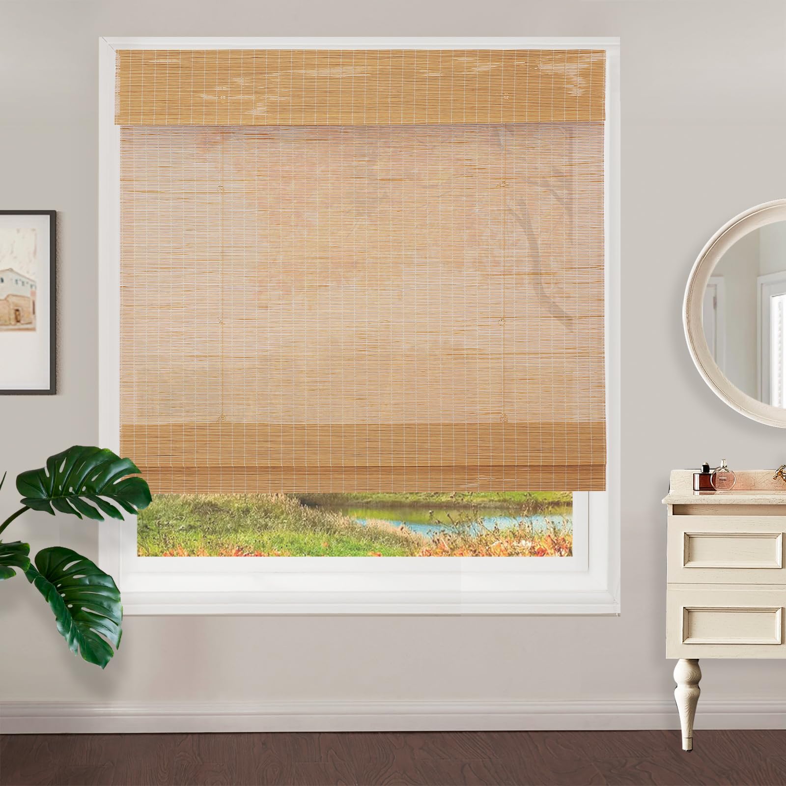 Cordless Bamboo Roman Shades - Light Filtering Roll Up Window Blinds with Valance for Kitchen, Doors, Porch | Natural Wood Tone Roller Shades for Privacy & Sun Protection | Perfect for Home, Office & Patio