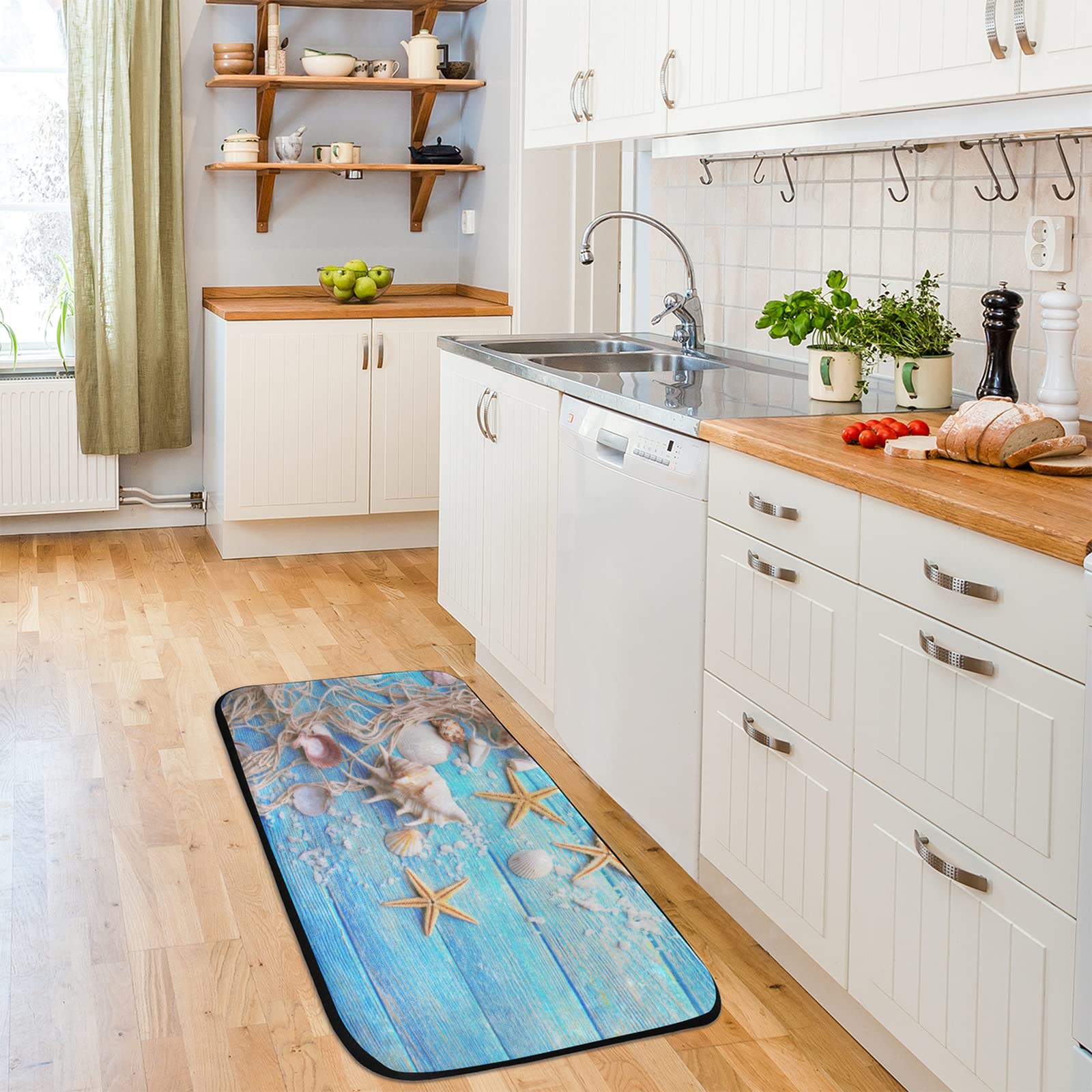 Non-Slip Beach Themed Kitchen Rug - Wood Starfish Design Washable Anti-Fatigue Memory Foam Doormat, 39x20 Inches - Perfect for Kitchen, Laundry Room, Bathroom & Entryway Floor Decor