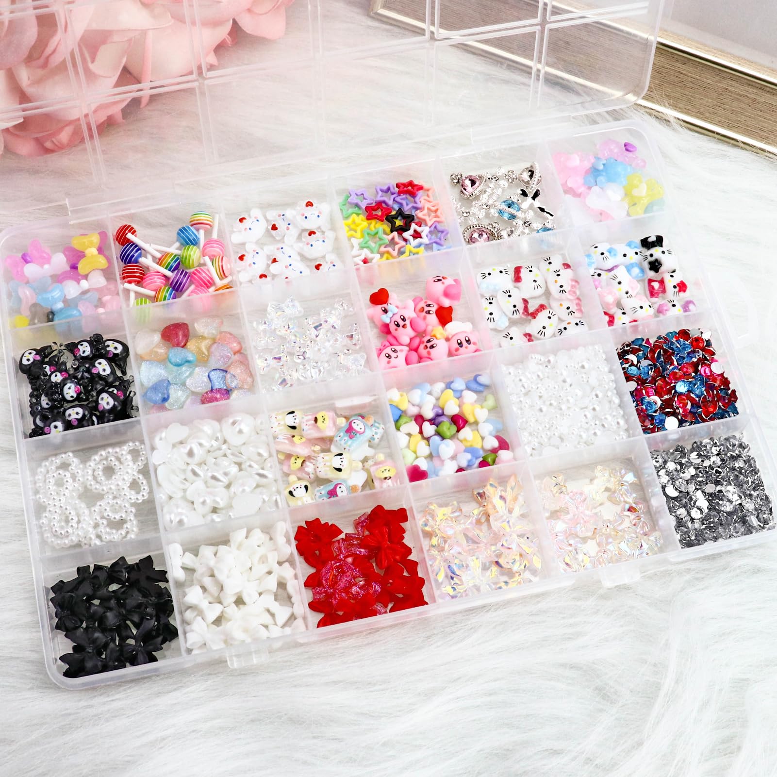 3D Nail Charms Kit - Kawaii Kitty, Bowknot, Lollipop, Bear, Planet & Cross Nail Art Decorations with Rhinestones & Pearls for DIY Nail Design - Perfect for Manicures, Salon Use & DIY Crafts Accessories