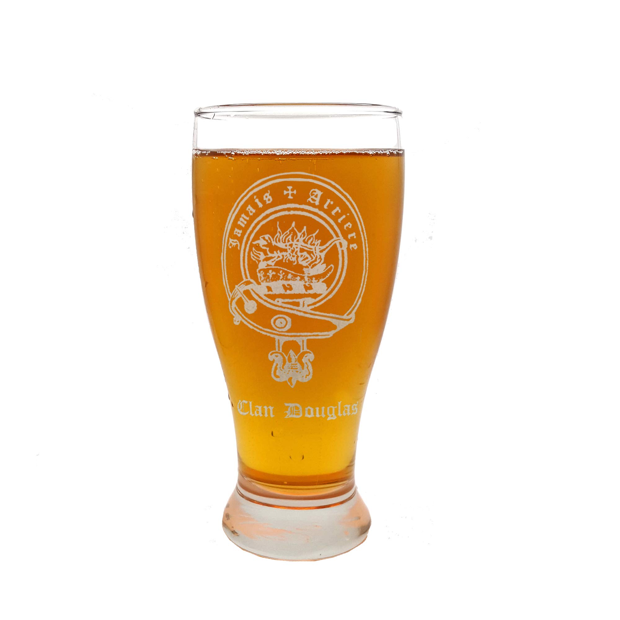 Clan Douglas Scottish Crest Pint Glass Set of 4 - Personalized Engraved Family Crest Pub Beer Glasses for St. Patrick's Day, Scottish Weddings & Home Bar Decor