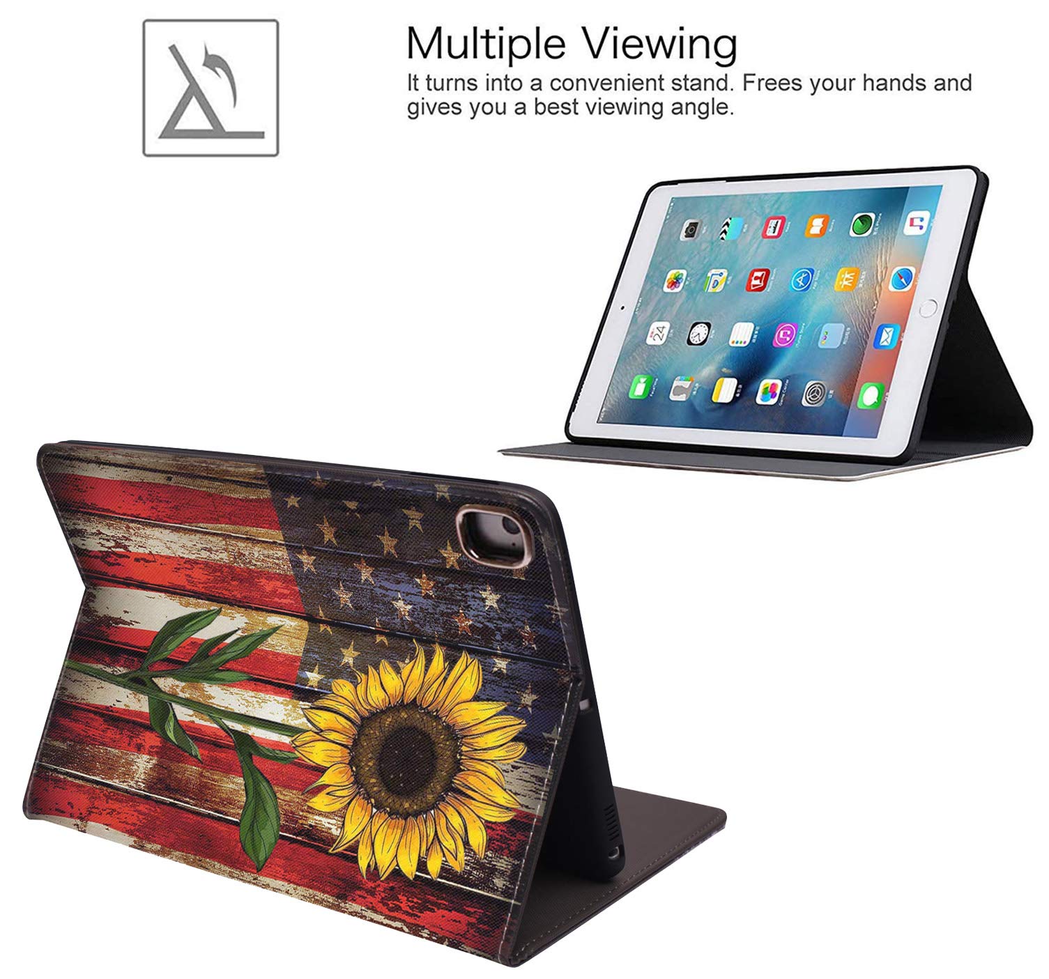 Premium Leather iPad Case for iPad 9.7 (2018/2017), iPad Air 2, iPad Pro 9.7 & iPad Air - Protective Smart Cover with Auto Wake/Sleep & Adjustable Stand - Compatible with iPad 6th/5th Gen - Patriotic Red Line American Flag Sunflower Design - Perfect for Work, Travel & Home Use