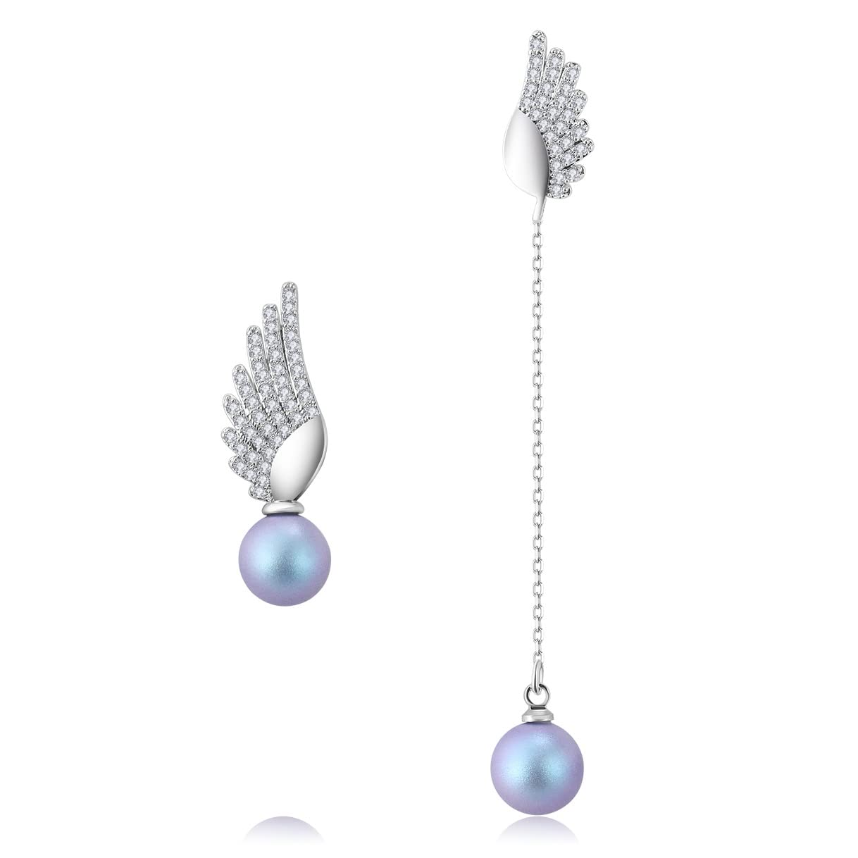 Richapex Asymmetrical Pearl Drop Dangle Earrings - 925 Sterling Silver Frosted Crystal Earrings with Angel Wing Design | Hypoallergenic Jewelry for Women | Perfect Anniversary & Birthday Gift for Her | Elegant for Weddings, Parties & Special Occasions