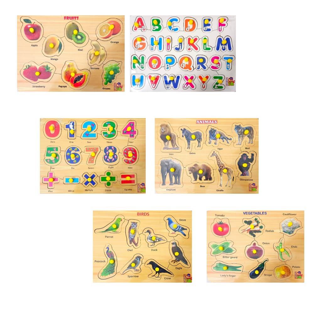 Educational Wooden Learning Boards & Puzzles for Kids 3+ Years - Alphabet, Numbers, Fruits, Animals, Birds & Vegetables - Montessori Toys for Toddlers & Jigsaw Puzzles for Adults - Perfect for Homeschooling, Classroom & Family Game Night