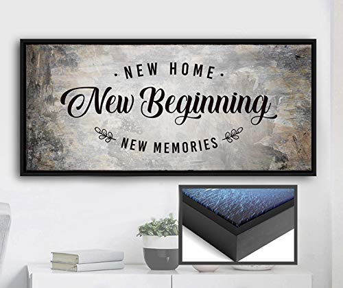 New Home New Beginning Quote Framed Canvas - Black Floating Frame 42x19 - Rustic Home Decor for Living Room, Bedroom & Office - Perfect Housewarming Gift for Family & Friends