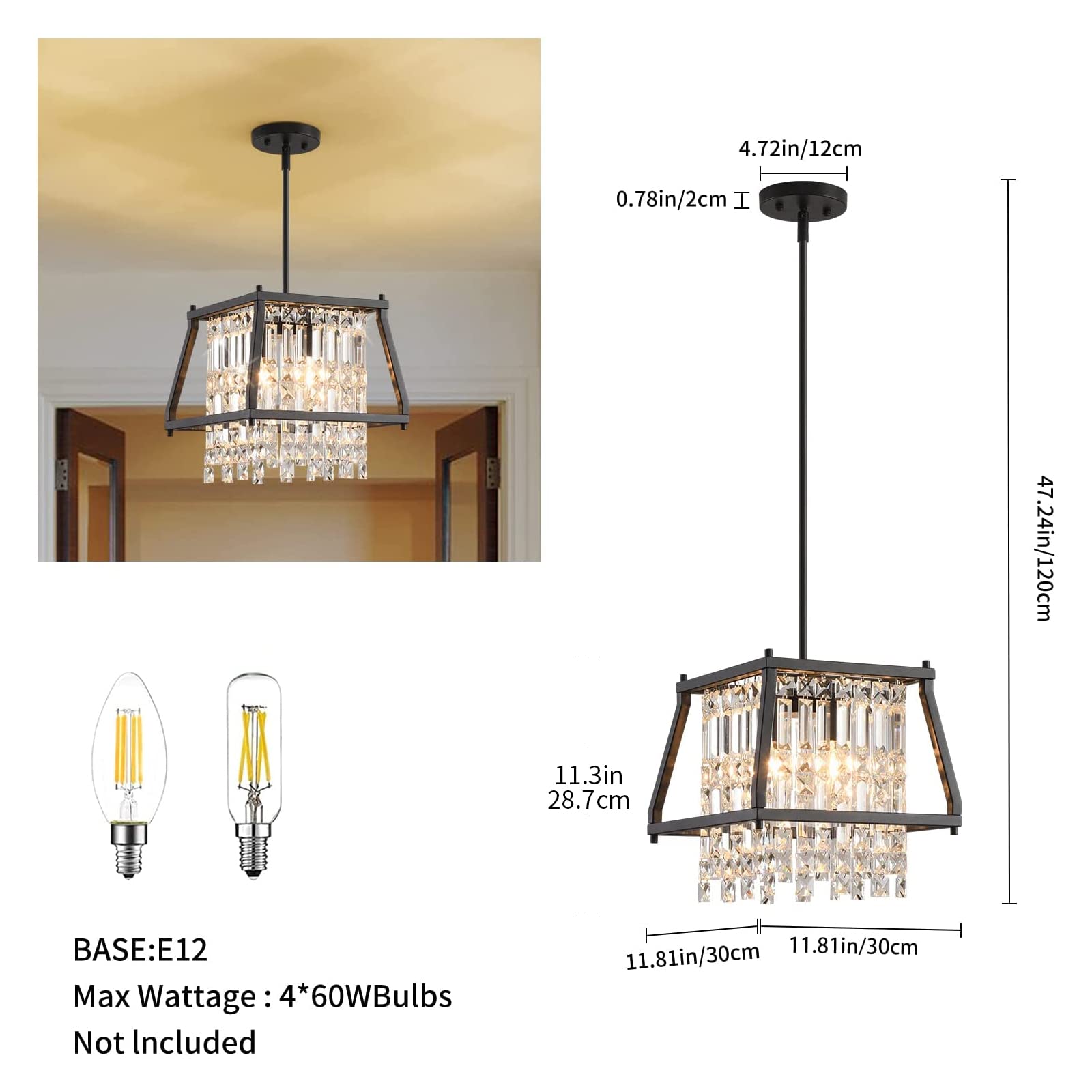 LMQNINE Farmhouse Chandelier - 11.81 Inch Black Metal Crystal Pendant Light for Kitchen Island, Dining Room, Living Room - Flat & Inclined Ceiling (Trapezoid Design) - Perfect for Rustic, Modern & Farmhouse Decor