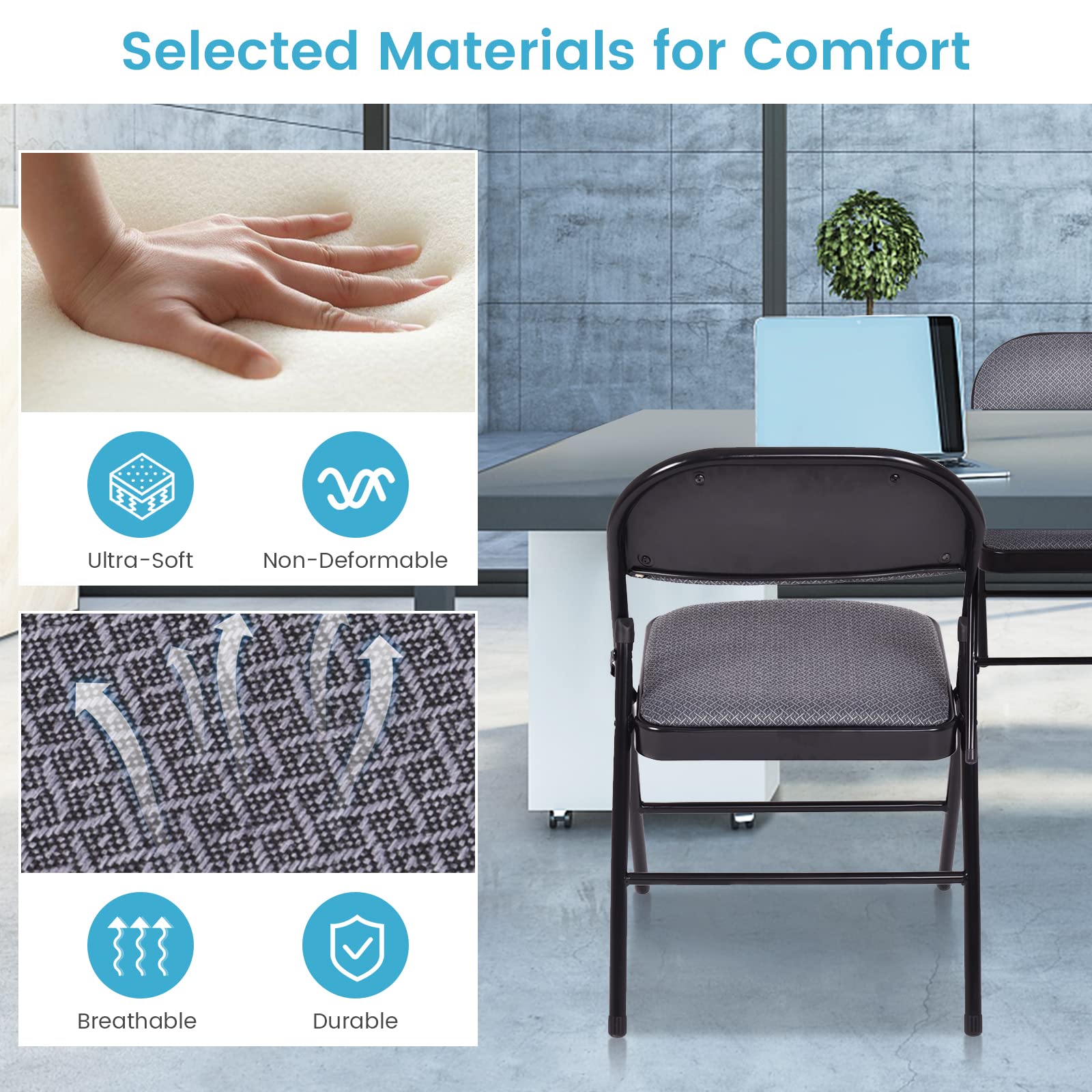 ARLIME 4-Pack Folding Chairs with Padded Seat & Back - Portable Metal Frame Chairs for Home, Office, Camping, Picnics & Outdoor Events - Set of 4 Comfortable Upholstered Chairs