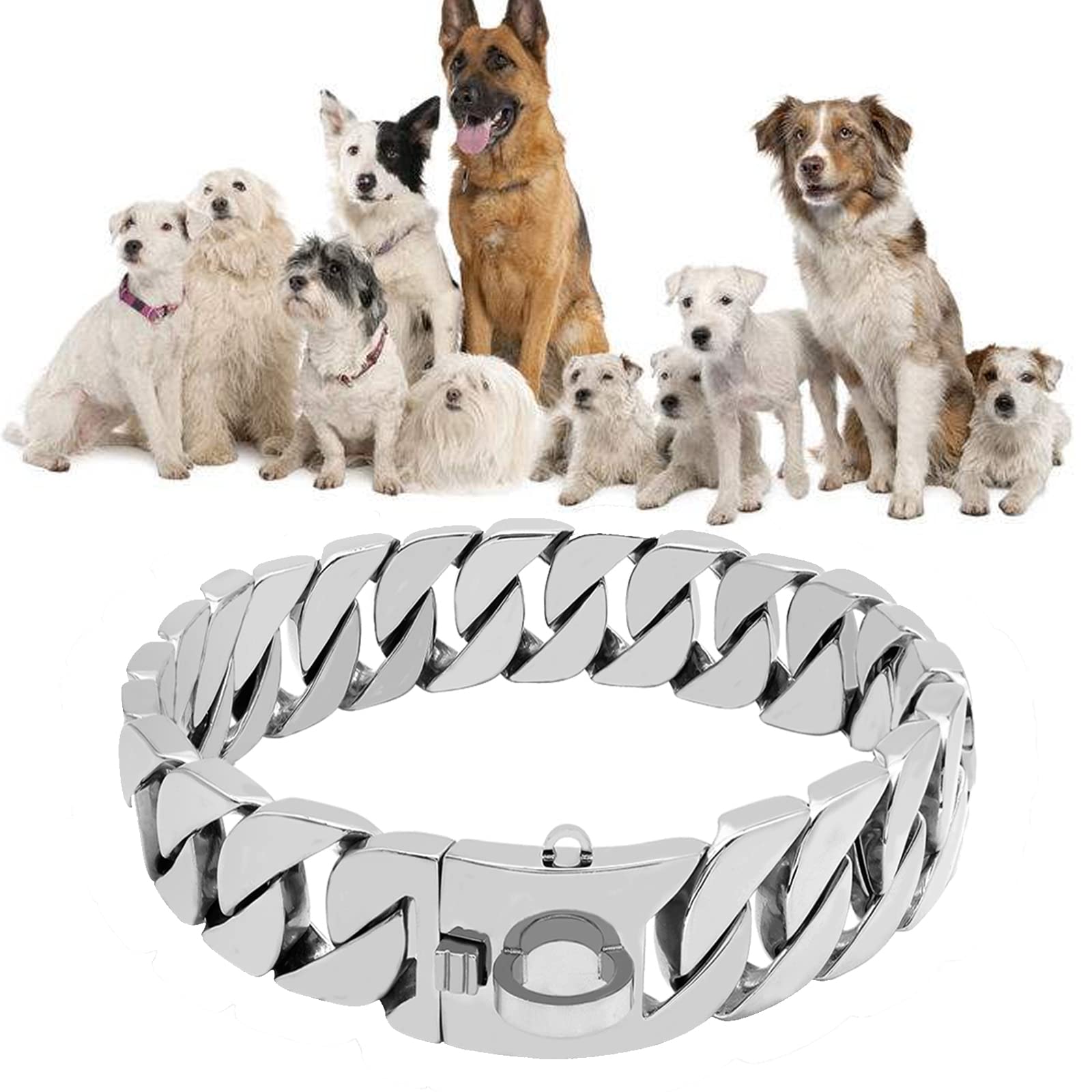 Premium Stainless Steel Gold Dog Collar with Safety Buckle Lock - 32MM Cuban Link Chain Training Collar for Small, Medium & Large Dogs - Durable Walking Necklace for Daily Use, Outdoor Adventures & Training (Silver, 20inch/50cm)