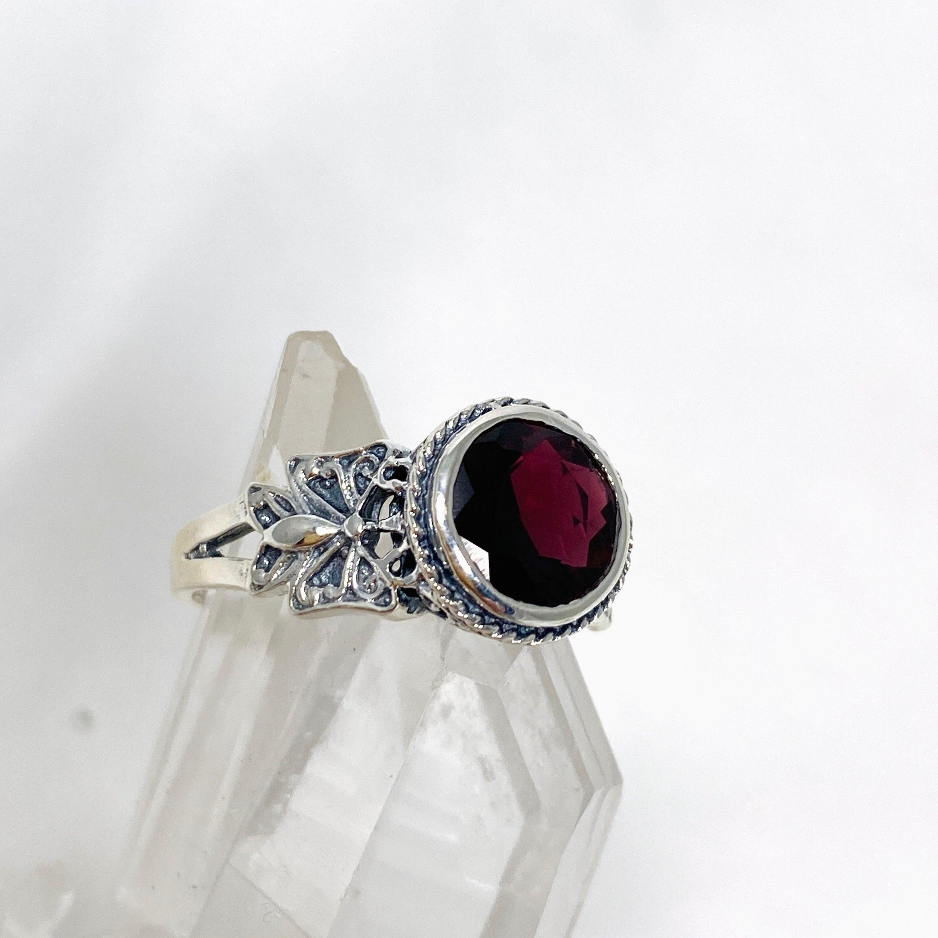Garnet Faceted Round Ring in Elegant Decorative Setting R3671 - Perfect for Weddings, Anniversaries & Special Occasions