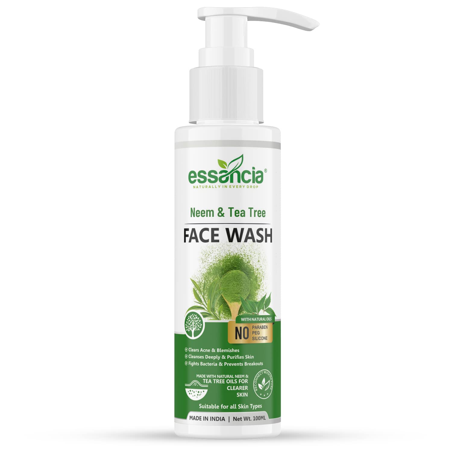 Essancia Neem & Tea Tree Face Wash for Acne-Prone Skin - 100ml Deep Cleansing & Purifying Formula | Paraben-Free, Silicone-Free | Men & Women | Daily Skincare Routine & Post-Workout Refresh