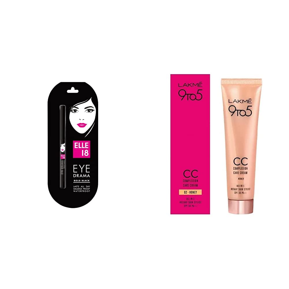 Elle 18 Eye Drama Kajal - Matte Finish Bold Black Eyeliner (0.35g) & Lakmé 9 To 5 Complexion Care CC Cream in Honey (30g) - Long-Lasting Makeup Combo for Day to Night Looks