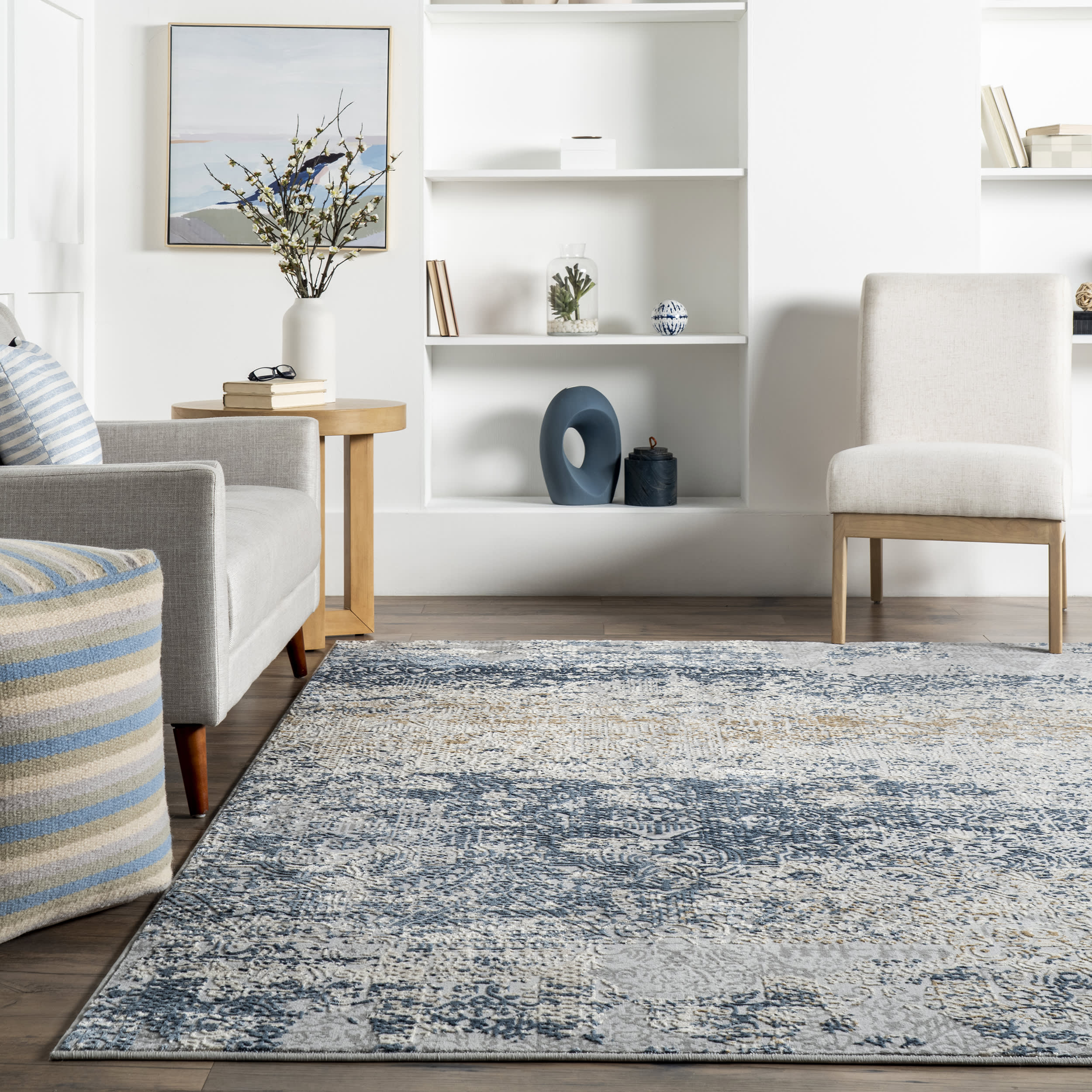 Abstract Jungle Area Rug in Blue - Modern Bohemian Floor Decor for Living Room, Bedroom & Nursery