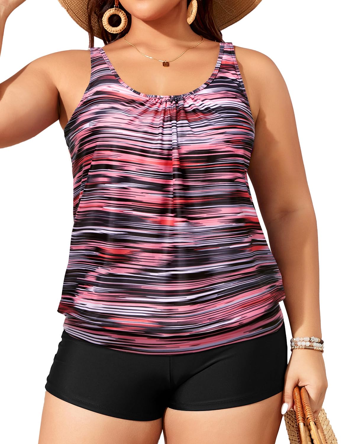 Yonique Plus Size Tankini Swimsuits for Women - Blouson Tankini Tops with Swim Shorts 2 Piece Bathing Suit | Beach Vacation, Pool Party & Summer Swimwear