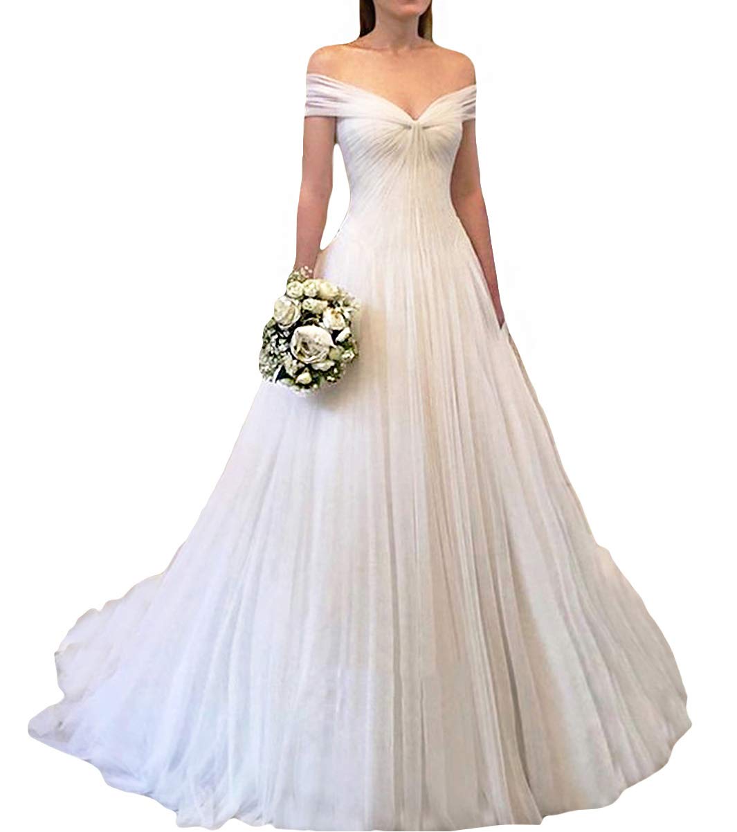 Awishwill Women's A-Line Simple Bridal Gown Long Off-the-Shoulder Wedding Dress for Bride - Perfect for Beach, Church, and Outdoor Ceremonies