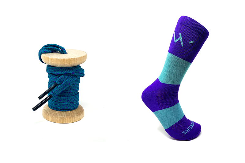 45 Pairs Teal & Purple Flat Ticked Sneaker Laces with Matching Purple & Teal Banded Jacques Socks - Perfect for Running, Gym Workouts & Casual Fashion Outfits