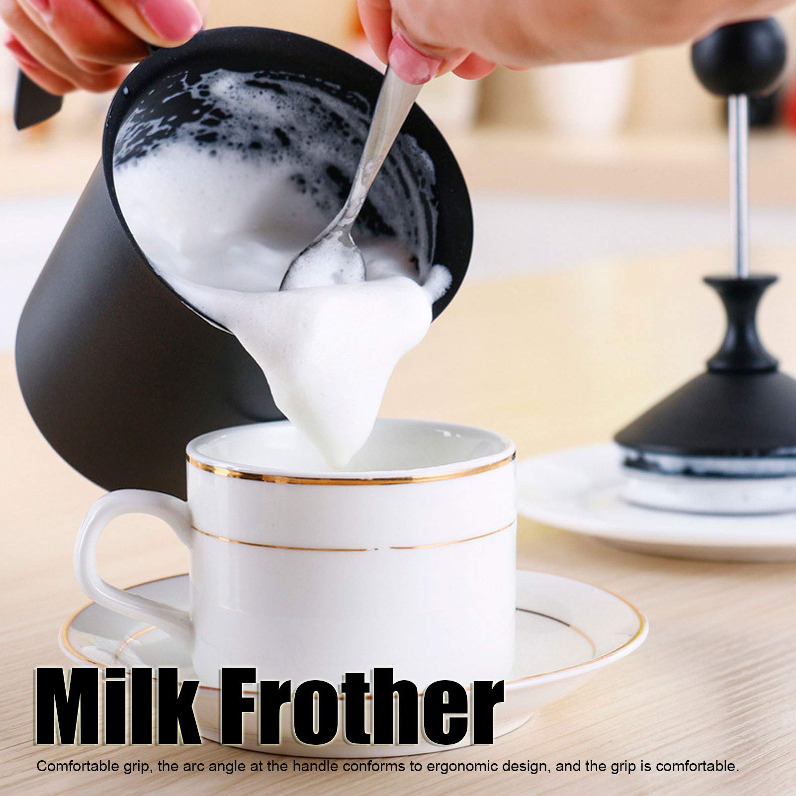 Stainless Steel Manual Milk Frother Hand Pump Creamer - 400ml/13.5oz Handheld Cappuccino Latte Coffee Foam Maker with Lid - Perfect for Home Barista, Coffee Shops & DIY Coffee Lovers