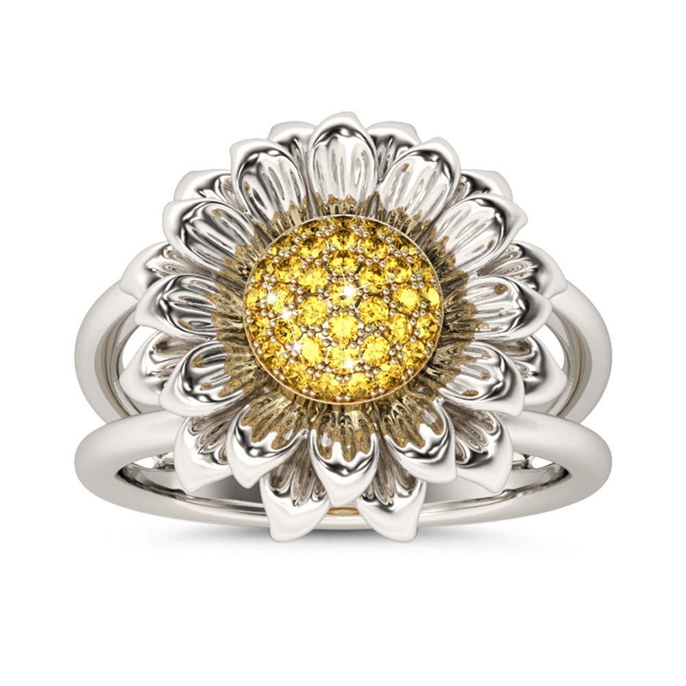 Jeulia S925 Sterling Silver Sunflower Ring for Women - Intertwined Daisy Hawaiian Flower Halo Engagement Ring Set - Bridal Anniversary Jewelry Gift - Perfect for Weddings, Beach Vacations & Boho Fashion