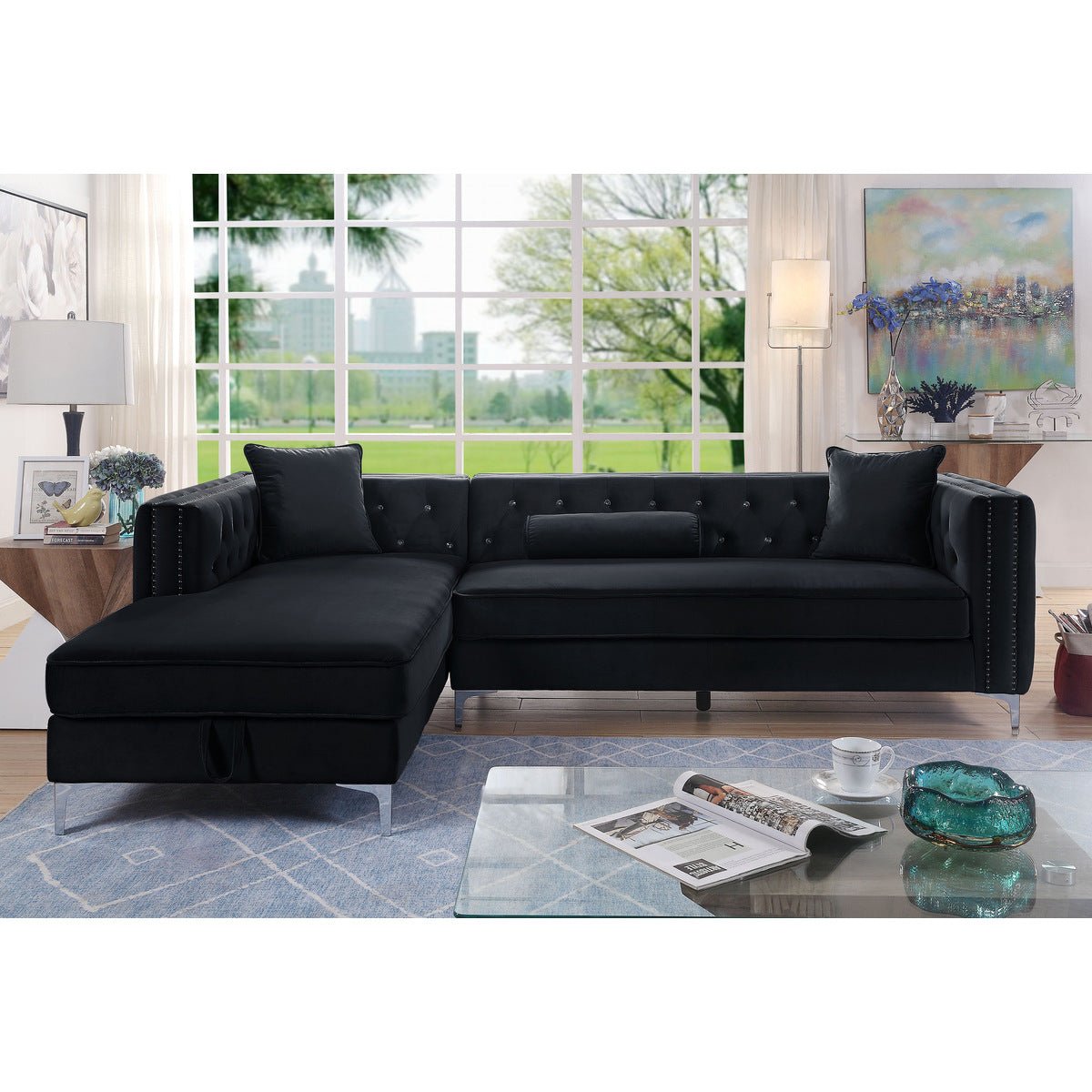 Celeste Black 2-Piece Sectional Sofa with Left Side Storage Chaise - Modern L-Shaped Couch for Living Room, Family Room & Small Spaces