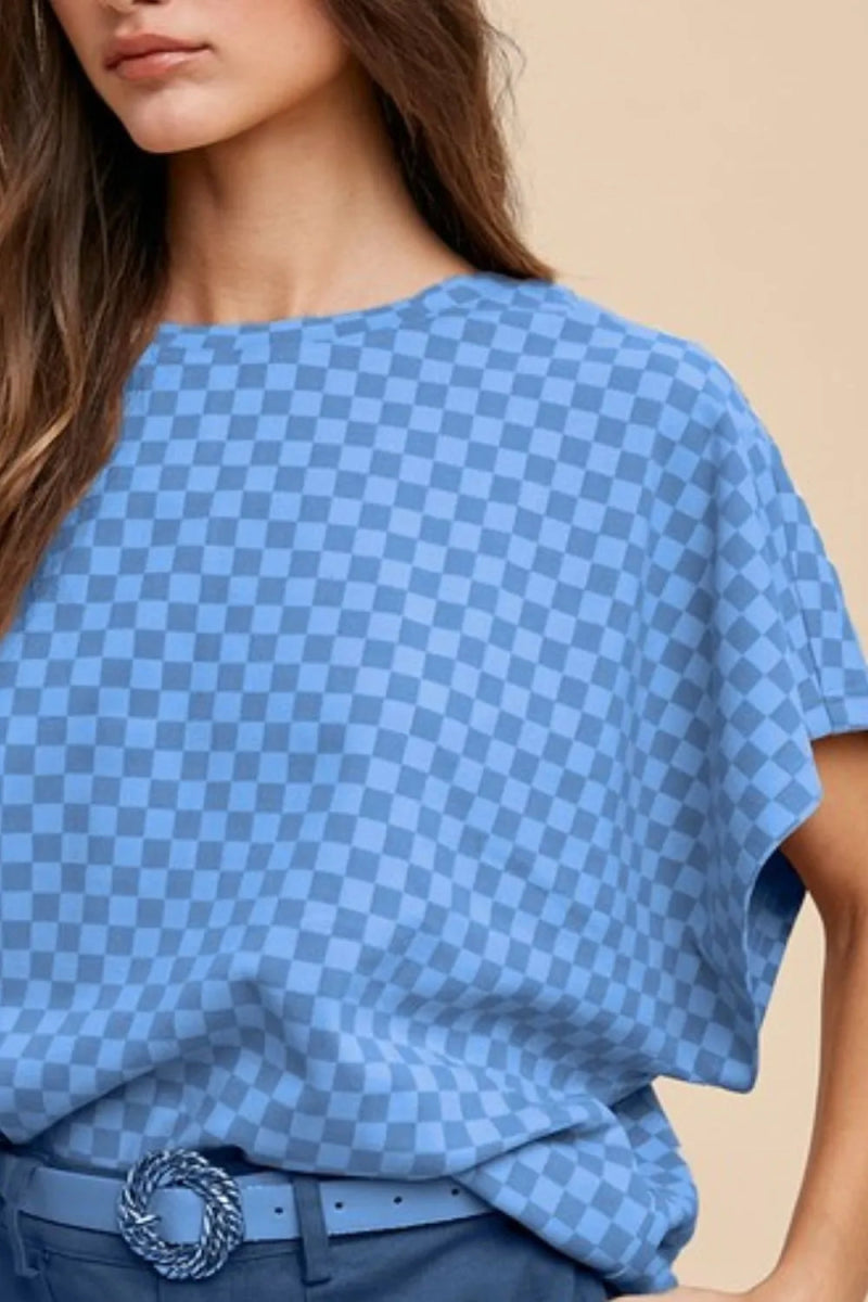 Annie Wear Women's Checkered Round Neck Short Sleeve T-Shirt - Casual Summer Top for Outfits, Streetwear & Everyday Wear